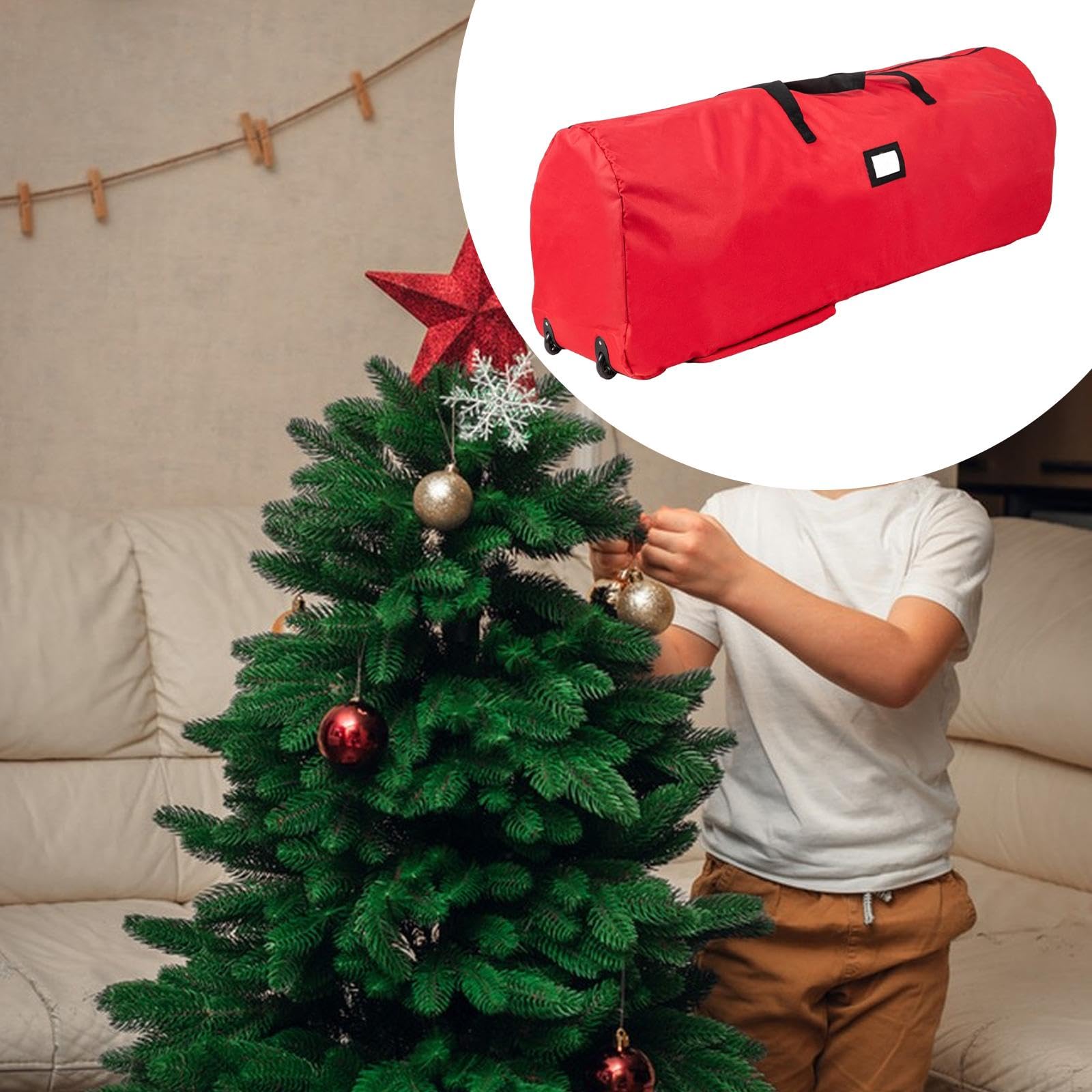 Sac de Rangement Arbre de Noël avec Roues et Poignées Protection Complète par Fermeture Zippée Tissu Oxford Résistant Adapté Au Transport et Au Stocka, Rouge 122x38x51cm