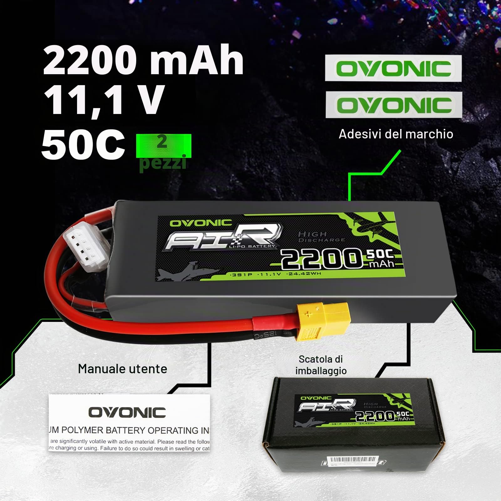 OVONIC 3s Lipo Batteria 11.1V 2200mAh 50C con XT60 per RC Evader BX Auto RC Truck RC Truggy RC Airplane UAV Drone FPV（2pcs）
