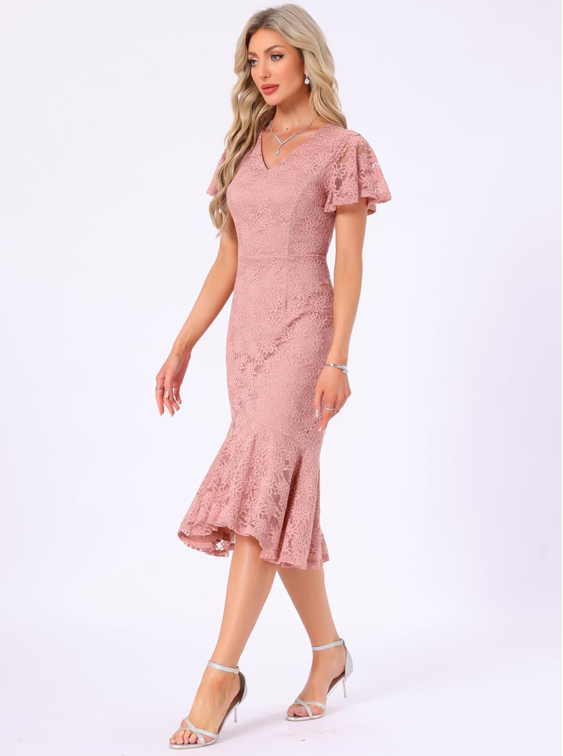 Womens' Lace Floral Dresses Fishtail Formal Cocktail Short Sleeve Midi Dress - Image 2