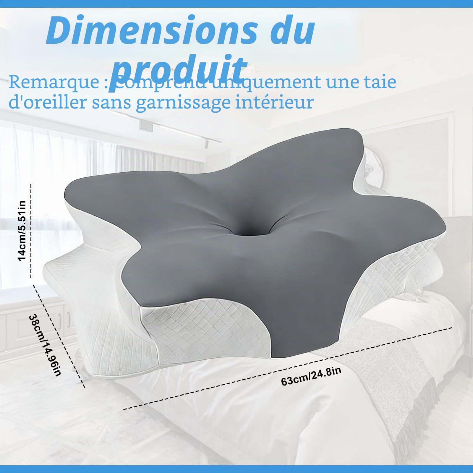 Taies Oreiller en Satin pour Oreillers à Mémoire de Forme Housse d'oreiller avec Fermeture Eclair Taie d'oreiller Cervicale pour Oreiller Crvical JK79 de 63 x 38 x 14 CM (Gris Blanc)