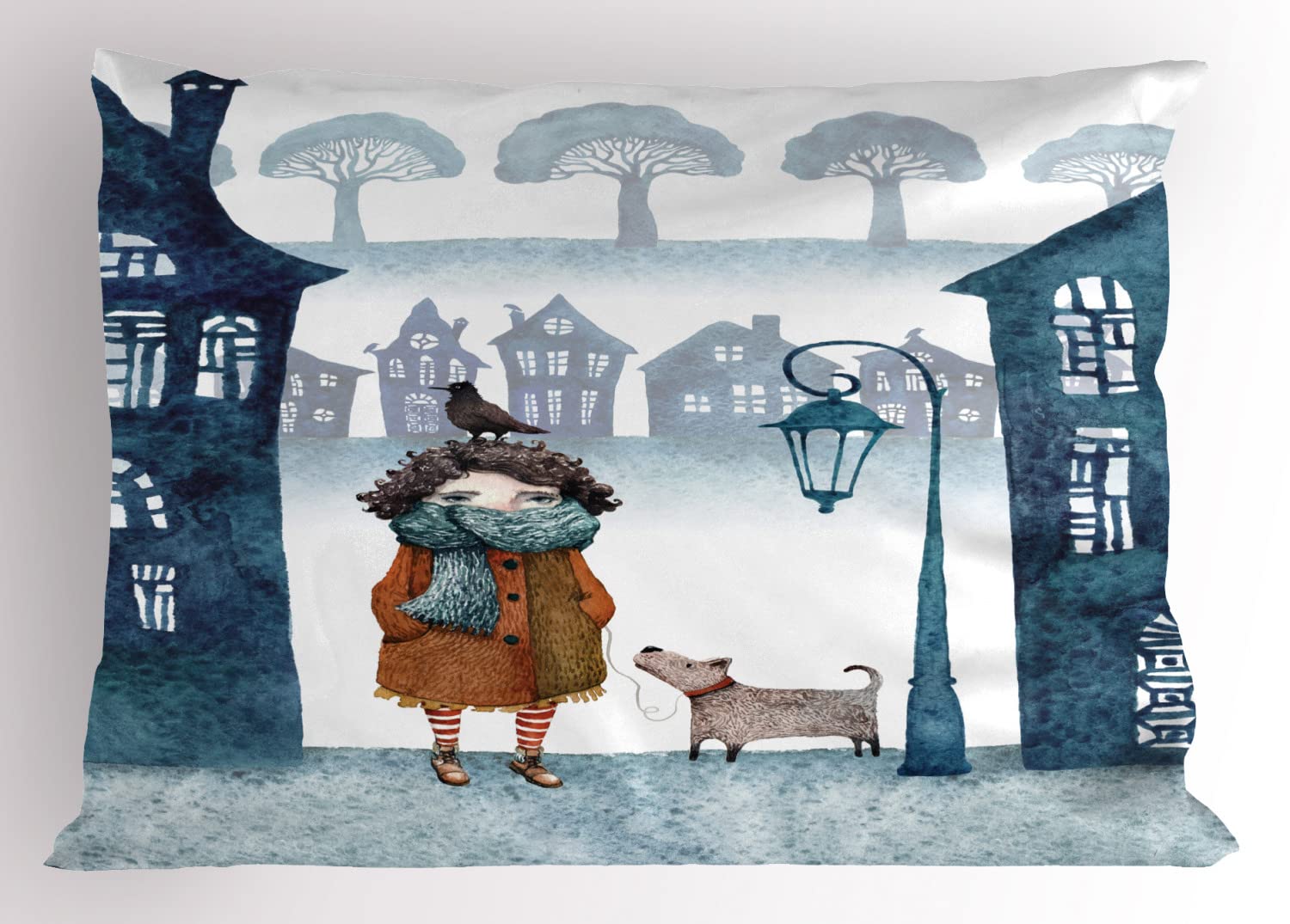 Ambesonne Urban Pillow Sham Set of 2, Little Girl in Foggy Town Walking Her Bird and Dog Winter Outdoor Scenery, Quality Microfiber Bedding Item for All Seasons, 30