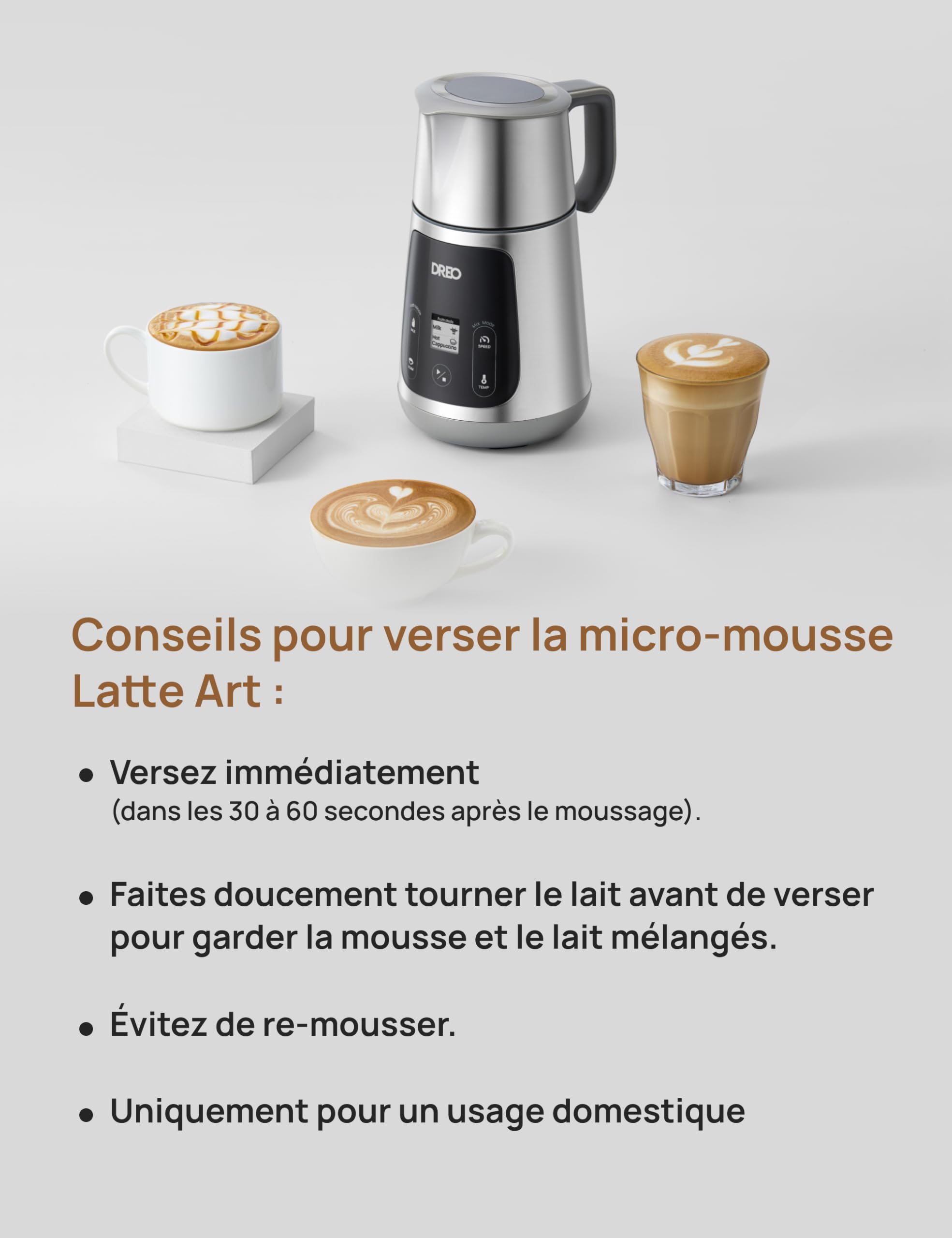 DREO Mousseur à Lait Électrique [Amélioré], Mousseur Automatique All-in-1 de 450ml pour Lait, Cappuccino, Chocolat Chaud, Plus de 30 Boissons, Facile à Nettoyer, Lavable au Lave-vaisselle, Écran LED