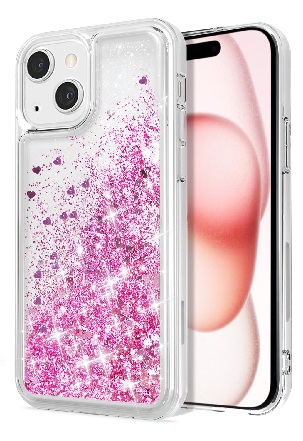 WORLDMOM for iPhone 15 Case, Clear Design Bling Flowing Liquid Floating Sparkle Colorful Glitter Waterfall TPU Protective Phone Case for iPhone 15 [6.1 Inch 2023], Pink
