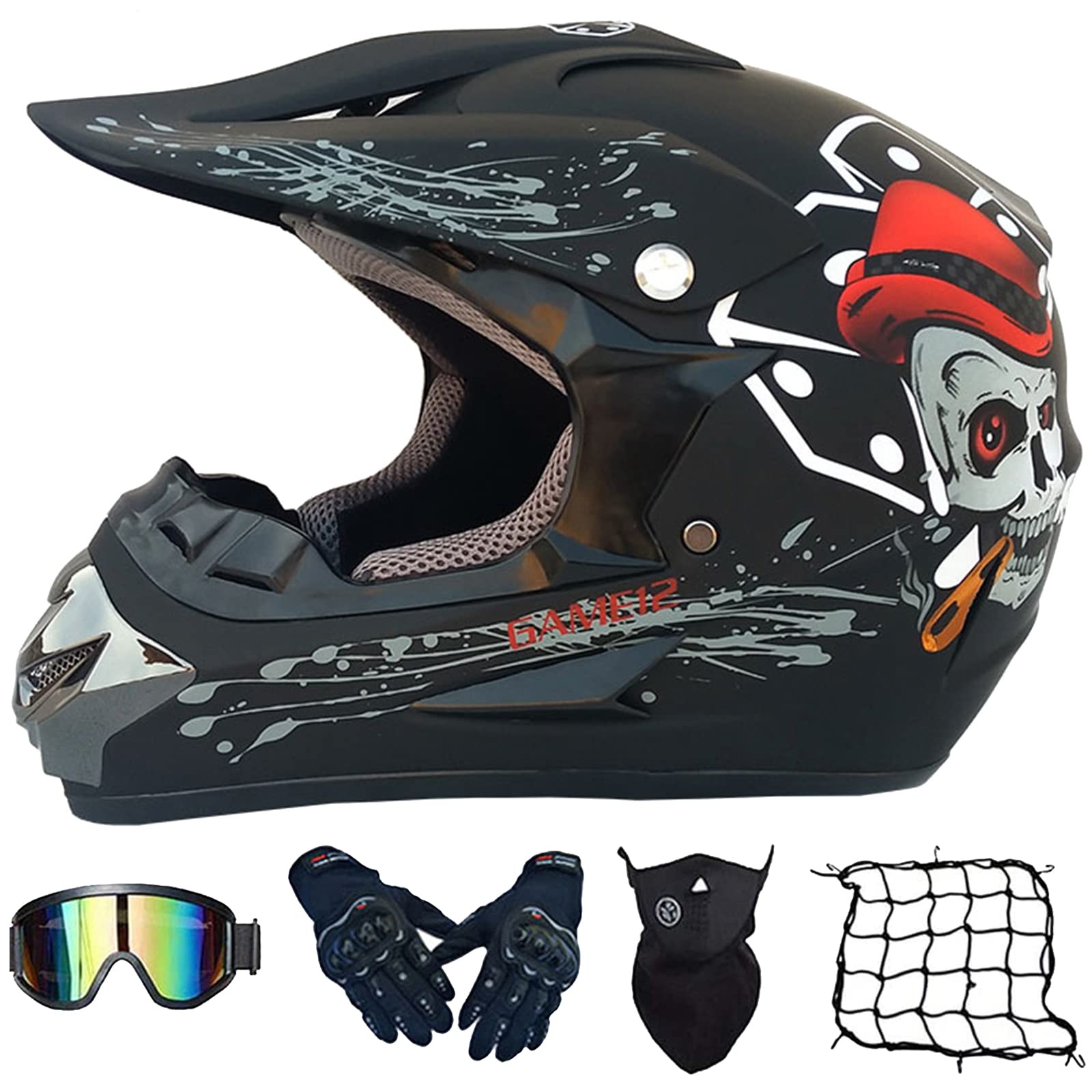 Casco Motocross Bambino Set, Casco da Cross, Casco Integrale da MTB Adulti E Bambini, Caschi Bicicletta Downhill MX Enduro con Occhiali Guanti Mask Rete Del Casco (S-XL, 52-59CM)