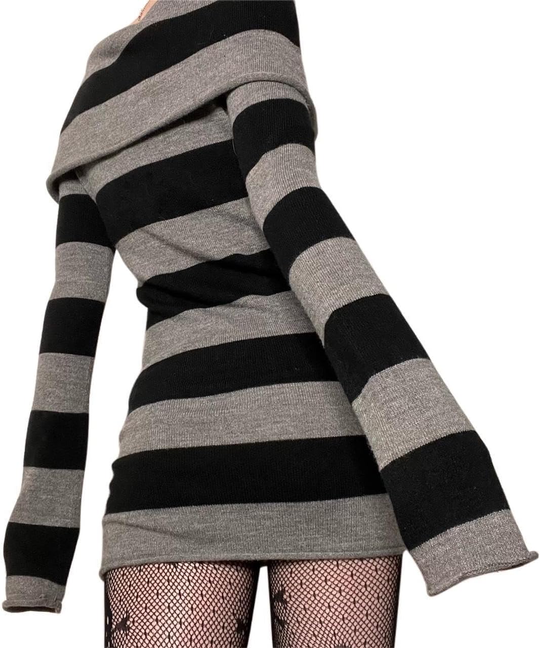 ANKOMINA Women's Gothic Punk Off Shoulder Striped Knit Mini Dress Bodycon Y2K Long Sleeve Sweater Dress for Halloween Party - Image 4
