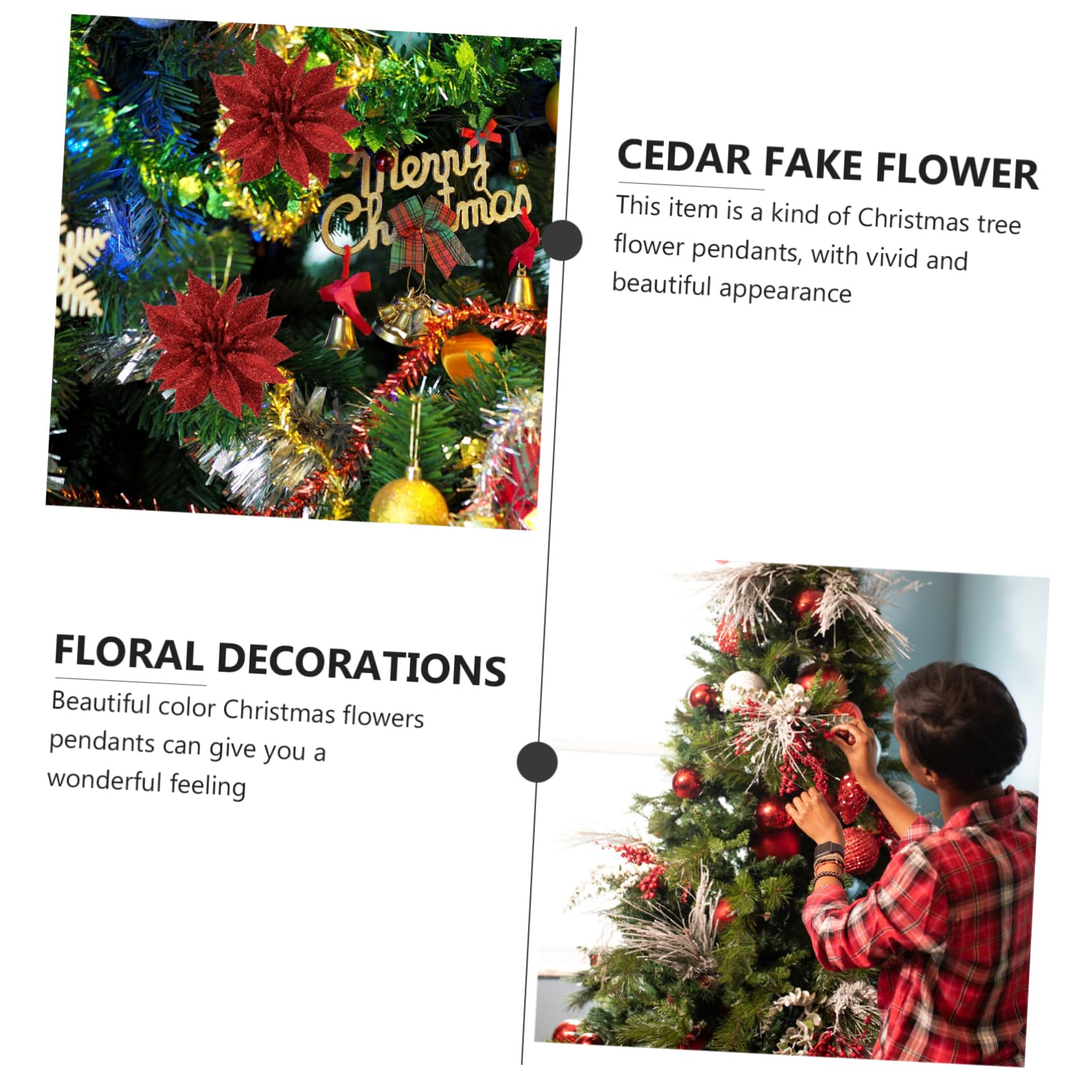 12 Piezas Adorno Colgante de Flores Artificiales para Árbol de Navidad de Poinsettias con Brillo Decoración Festiva para Hogar