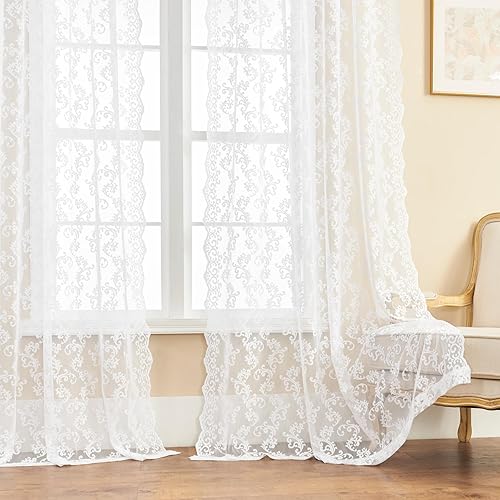 Miniatura 3 de FOLKSIDE Cortinas de encaje blanco de 63 pulgadas de largo, juego de 2 paneles de cortinas traslúcidas con estampado de cachemira occidental para
