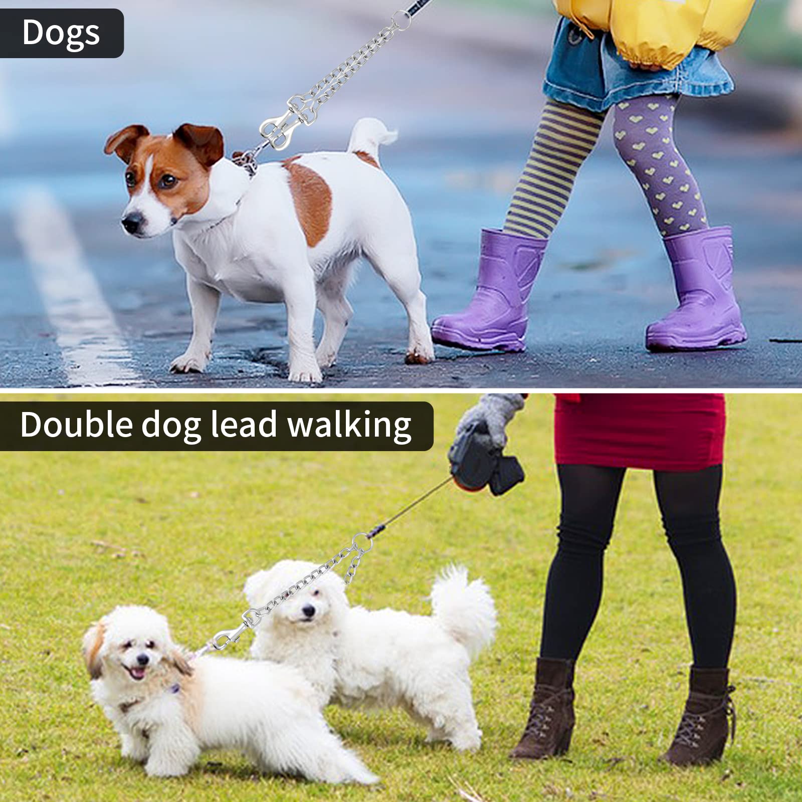 TIESOME Guinzaglio doppio in metallo, resistente, a prova di masticazione, senza grovigli, doppio guinzaglio per cani, prolunga per 2 cani di piccola taglia per camminare (40 cm)