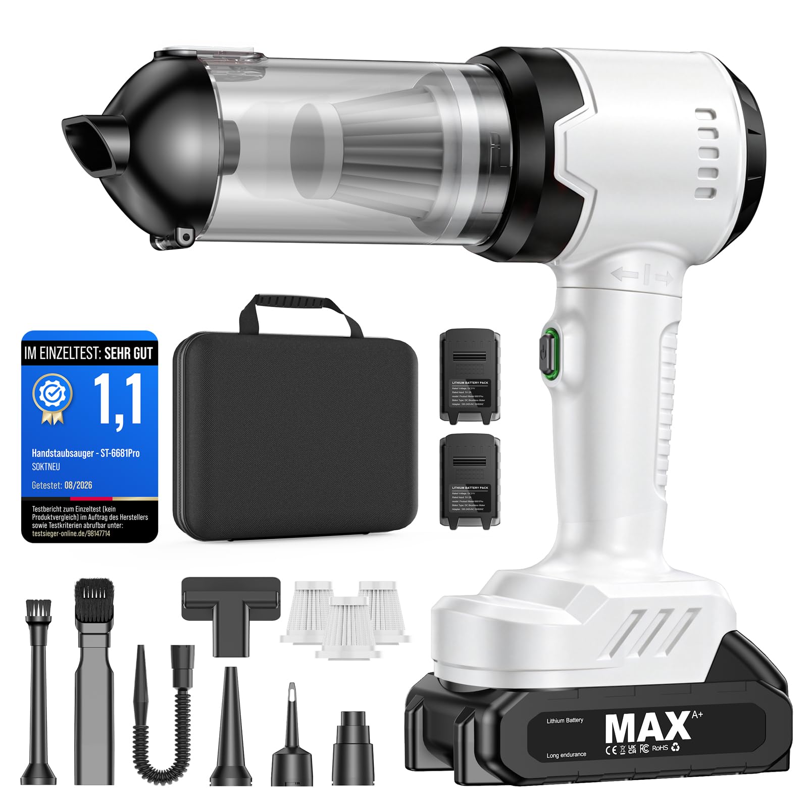 Handstaubsauger Akku, 28000Pa 4-in-1 Testsieger Autostaubsauger Kabellos | Auto Staubsauger Stark mit 1‑Knopf‑Selbstentleerun, 7500 mAh*2 Akku, Mini Staubsauger für Tierhaare, Auto, Haushalt(Weiß)