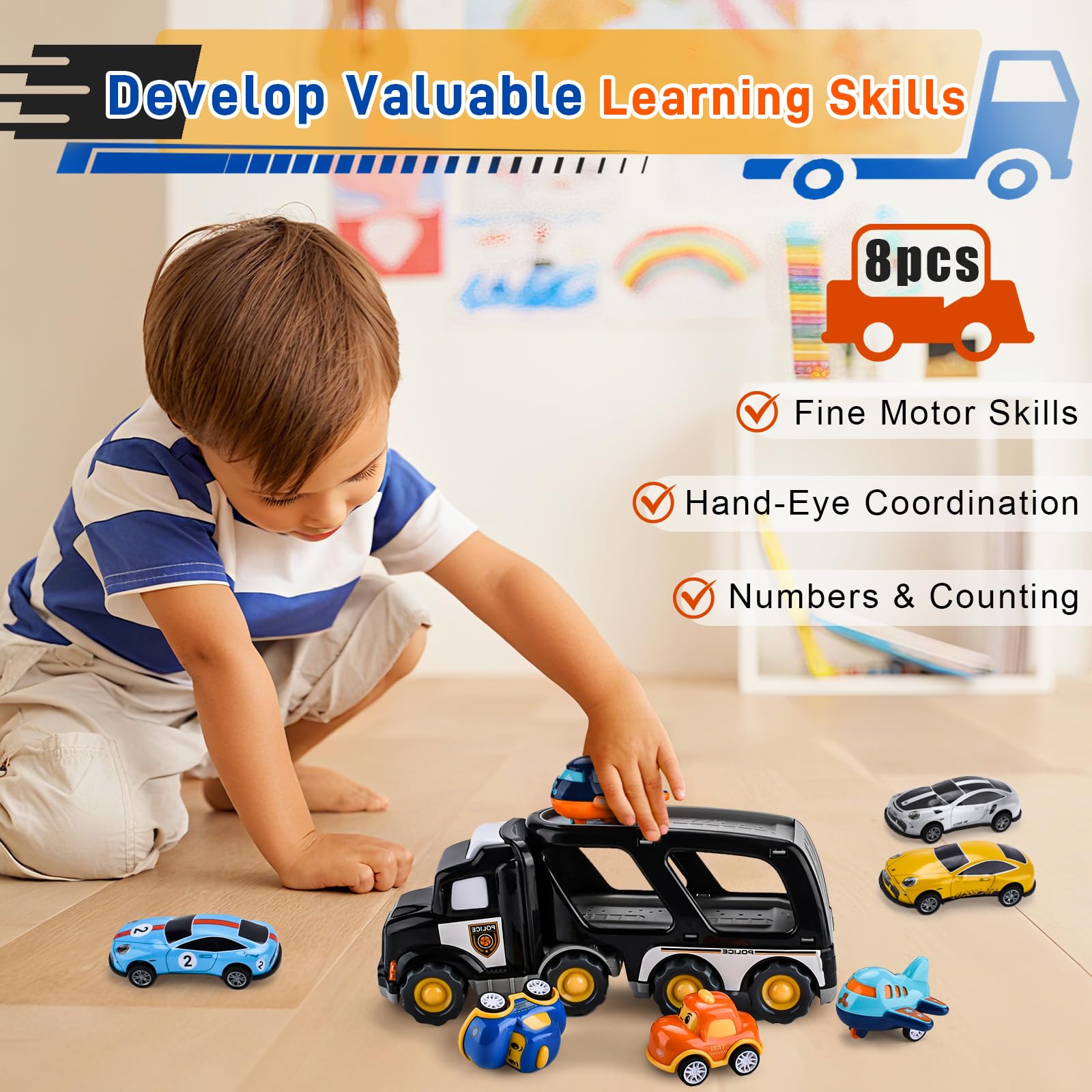8 in 1 Camion Macchinine Giocattolo Trasportatore con Suoni e Luci per Bambini 1 2 3 4 5 Anni, 7 Mini Cars, Macchina Trucks Regalo per Bambino Ragazze Ragazzi