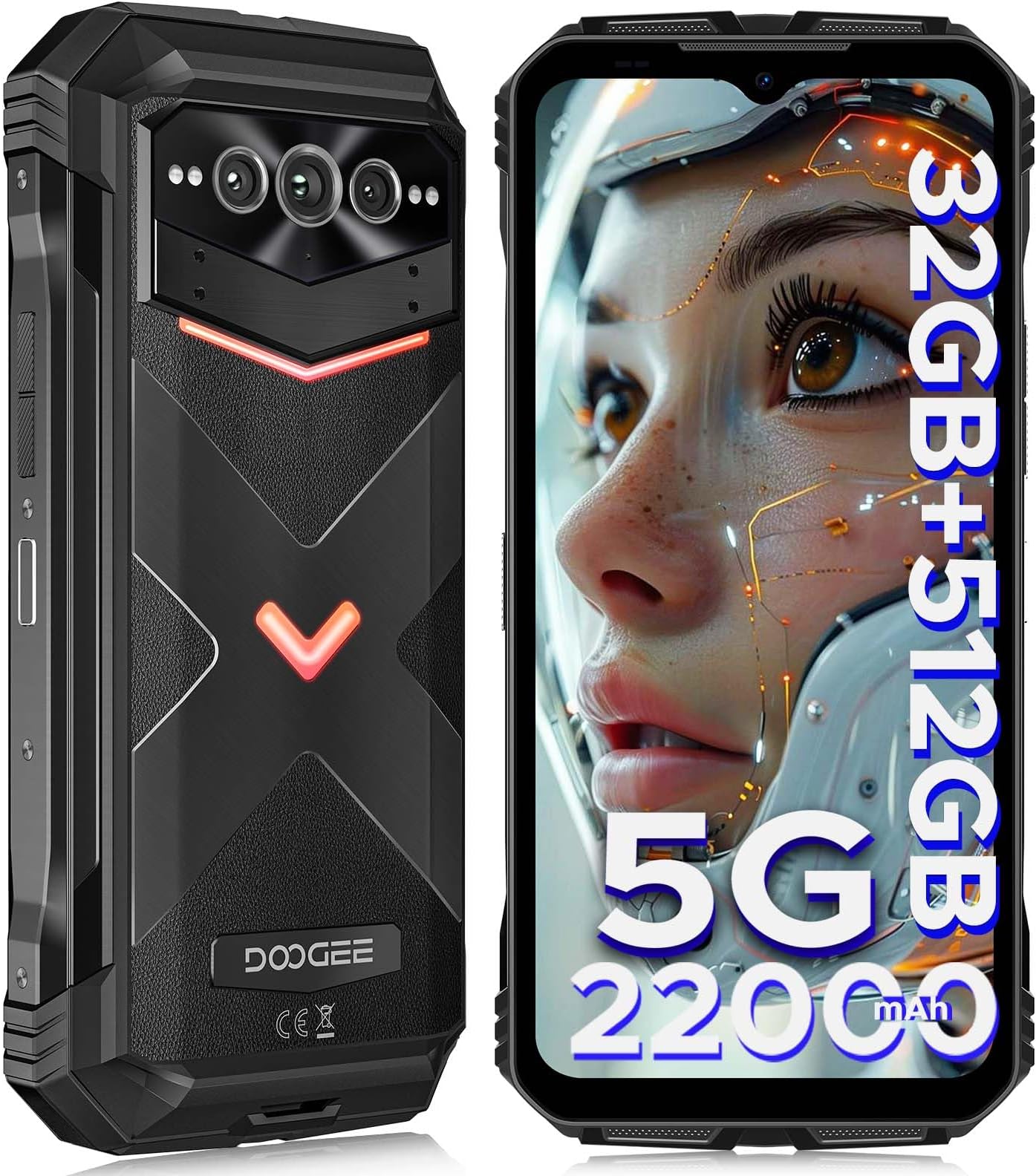 DOOGEE V MAX Pro Rugged Smartphone 5G, 22000mAh/33W, 512GB/TF 2TB Rugged Phone, 6.58” 120Hz FHD+, 108MP+20MP Night Vision, 5G Dual SIM Waterproof Phone, Face/Fingerprint Unlock/NFC, Black