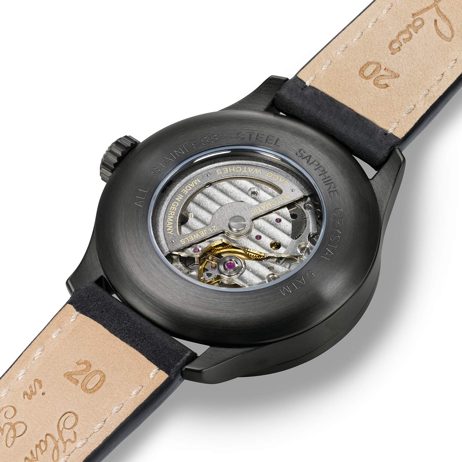 Laco Reloj de aviador automático, carcasa de acero inoxidable, cristal de zafiro, 5 bar, fabricado en Alemania