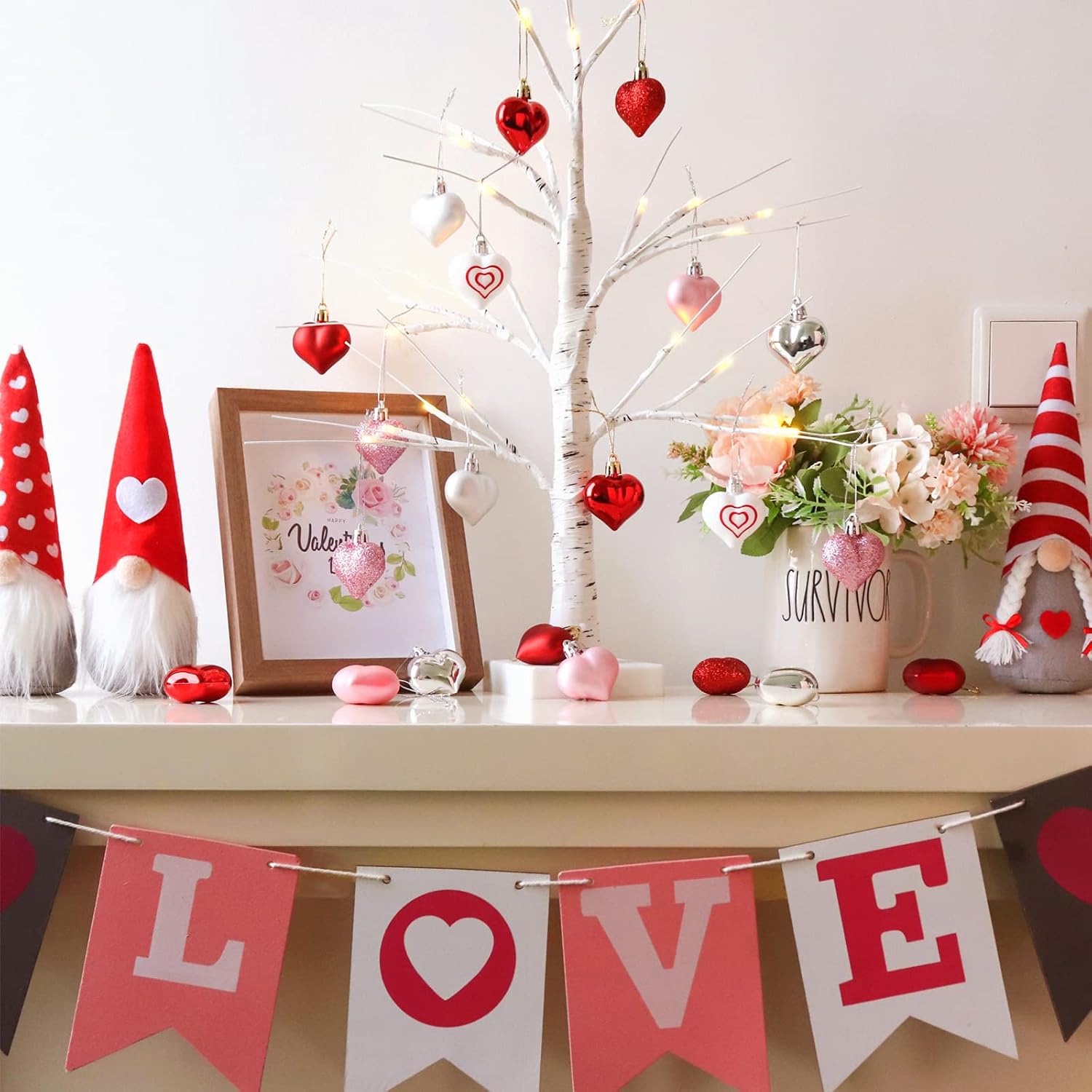 Valentines Day Decor Tree Decorations Set, 72 Pcs Ornaments for Valentine's Day St Patricks Easter Tree, Plastic Heart Shamrock Easter Egg for the Home Wedding Dinner Gifts Table Tiered Tray Decor