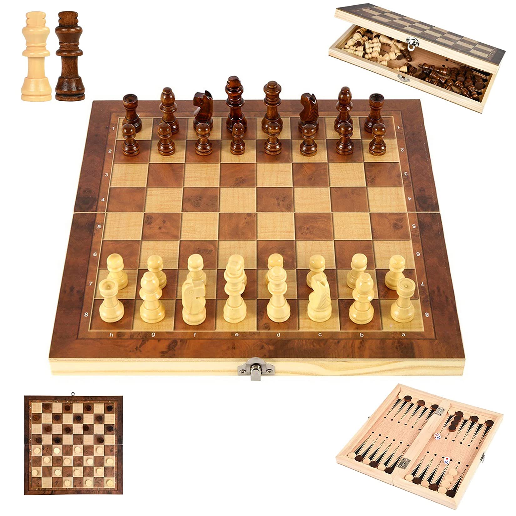 Scacchiera 3 In 1 In Legno Pieghevole – Scacchi, Dama, Backgammon, 29x29 Cm, Portatile