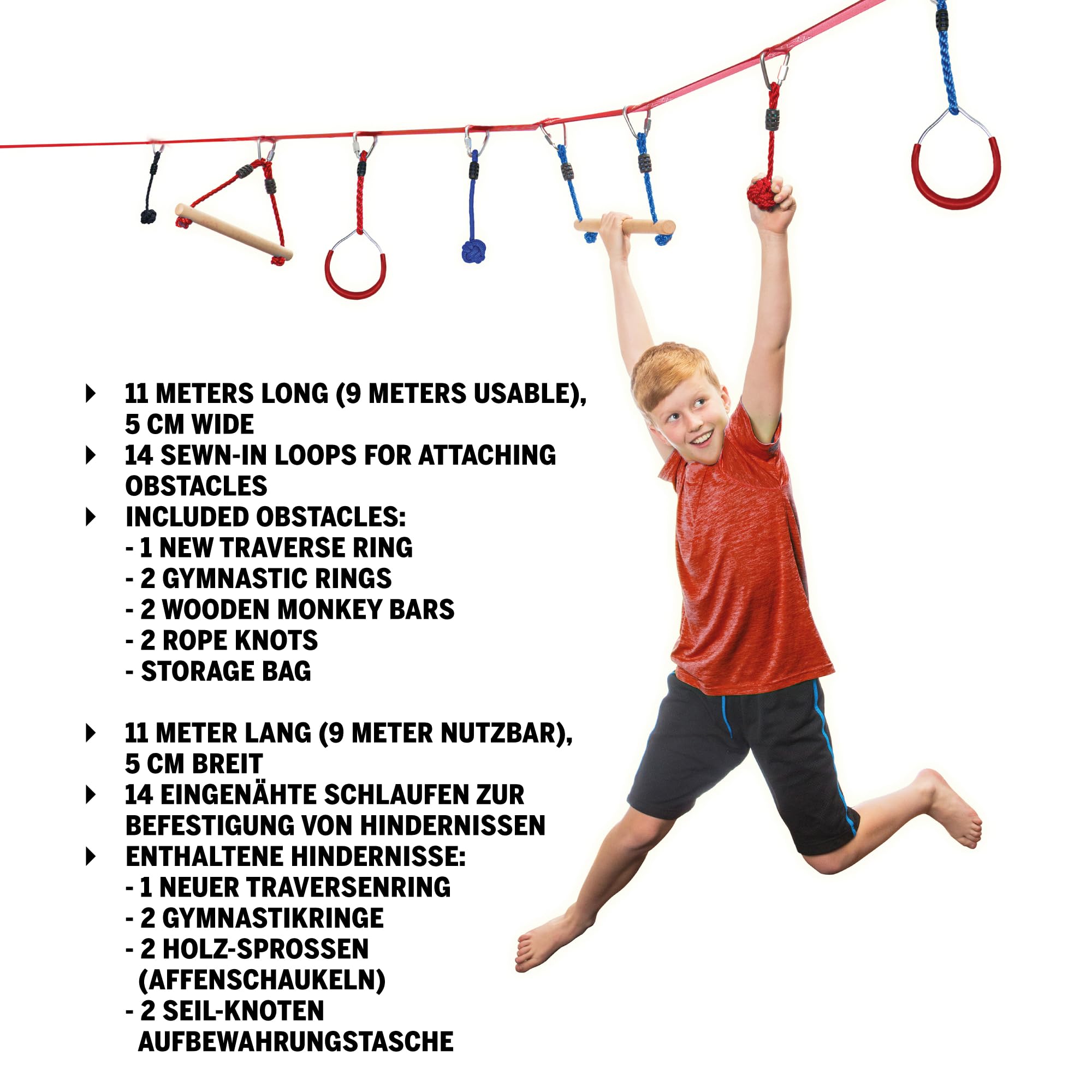 Slackers Ninja Line Starter Set – Outdoor Hangelparcours & Slackline für Kinder ab 5 Jahren – Komplettset mit 11 m Slackline, 7 Hindernissen, Ratsche & Tragetasche – Ninja-Spielspaß im Garten