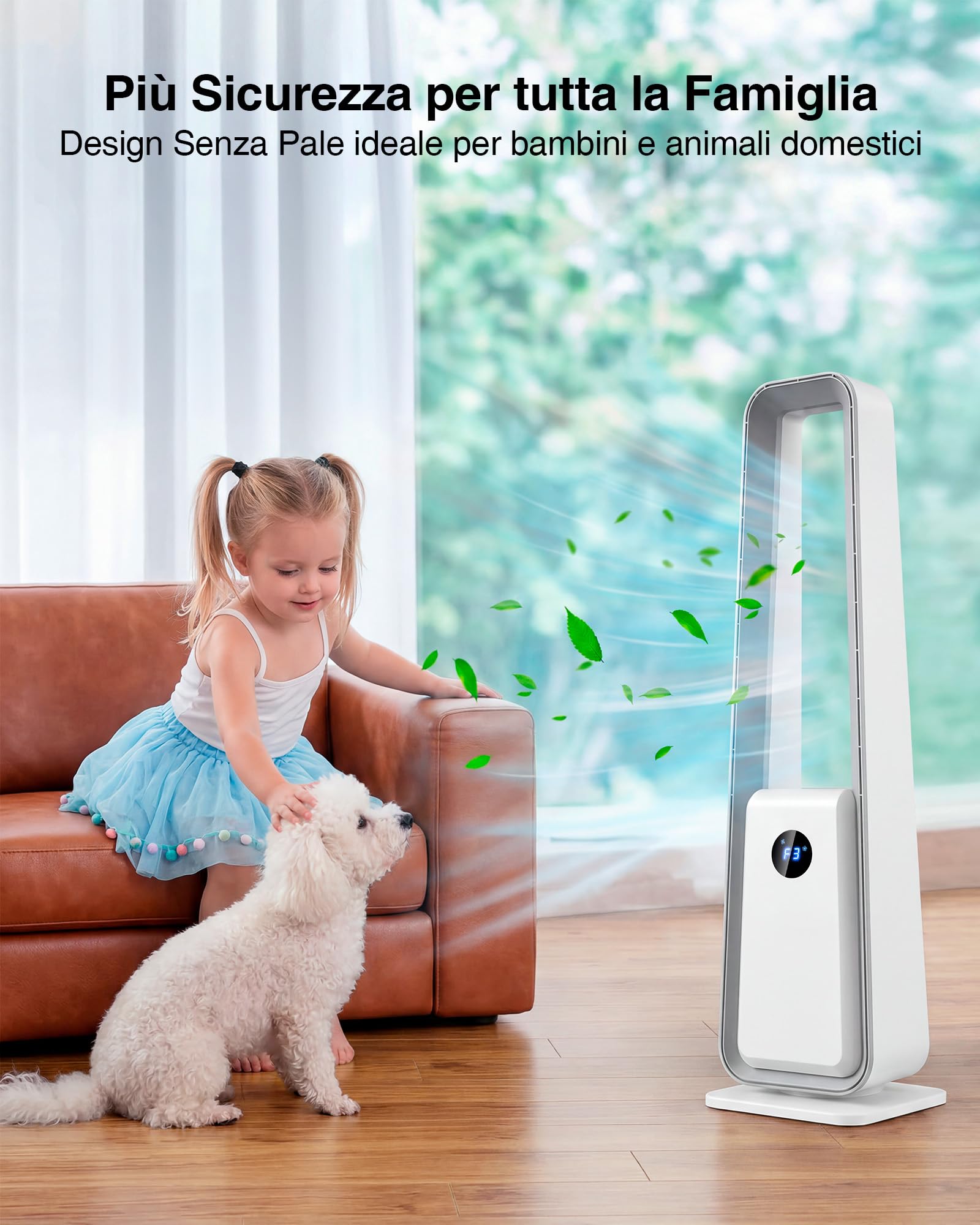 Ventilatore a Torre Senza Pale: Ventilatore a Colonna Silenzioso con Telecomando Oscillazione 75° Timer 12H 3 Modalità Purificatore d'Aria per Camera da Letto Soggiorno Ufficio Bambini Animali