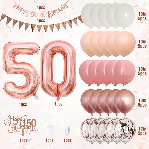 Miniatura 2 de Decoraciones de cumpleaños número 50, globos retro de oro rosa rosa, globos de cumpleaños 50, pancarta de feliz cumpleaños 50 con adornos para