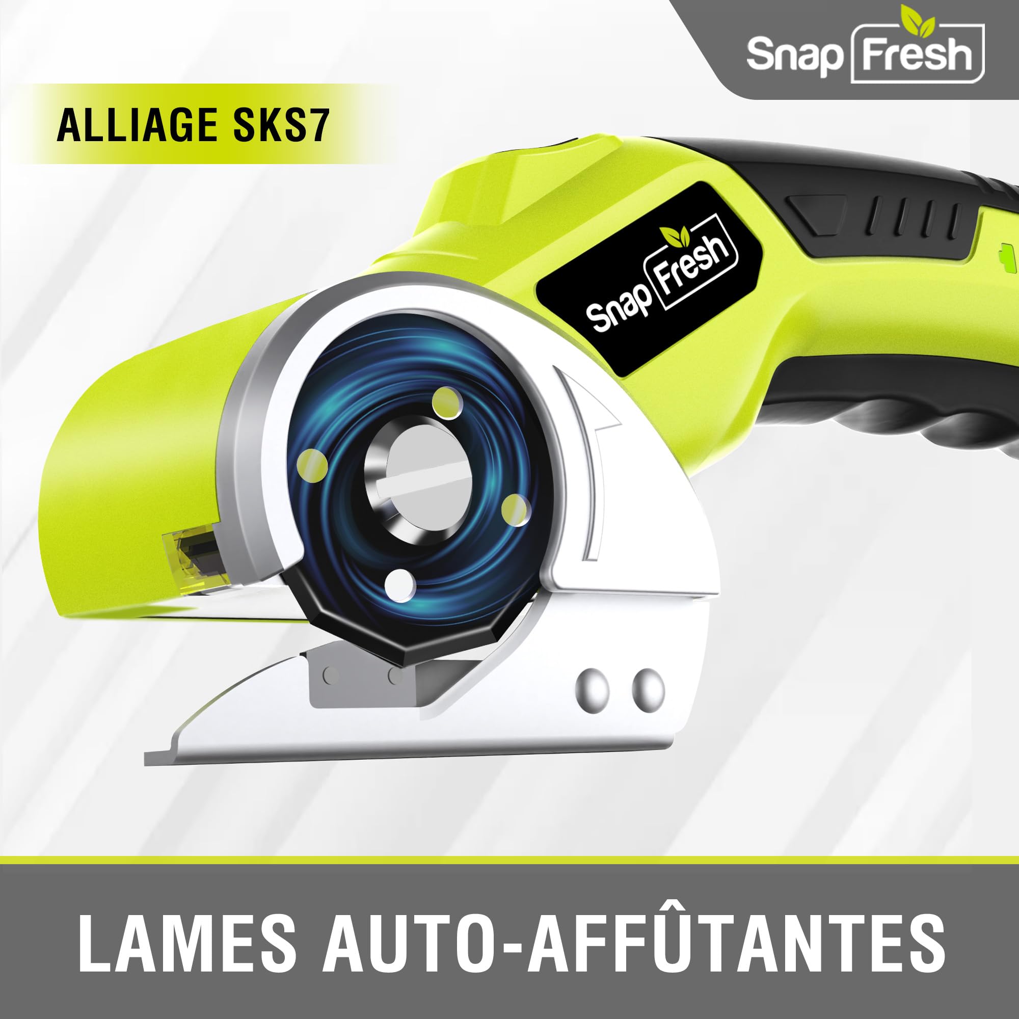 SnapFresh Ciseaux Électriques Sans Fil Cutter Rotatif avec 2 Lames Auto-Affûtantes SKS7, LED & Sac de Rangement – Akku Universel Coupe Carton, Papier, Tapis, Cuir, Feutre, PVC