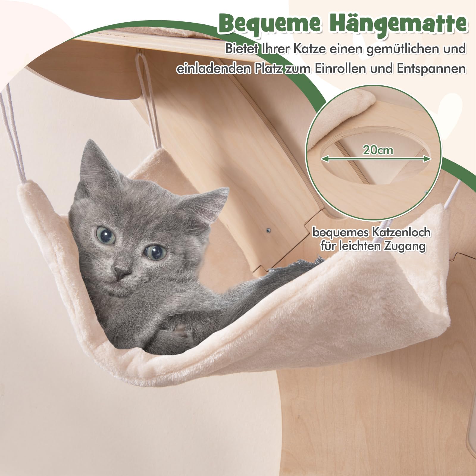 GYMAX Kletterwand Katzen, Katzenwand mit Hängematte, 4 Plattformen & Sisalpfosten, Kratzbaum mit weichen & waschbaren Kissen, baumförmige Katzenmöbel Wandmontage für Hauskatzen