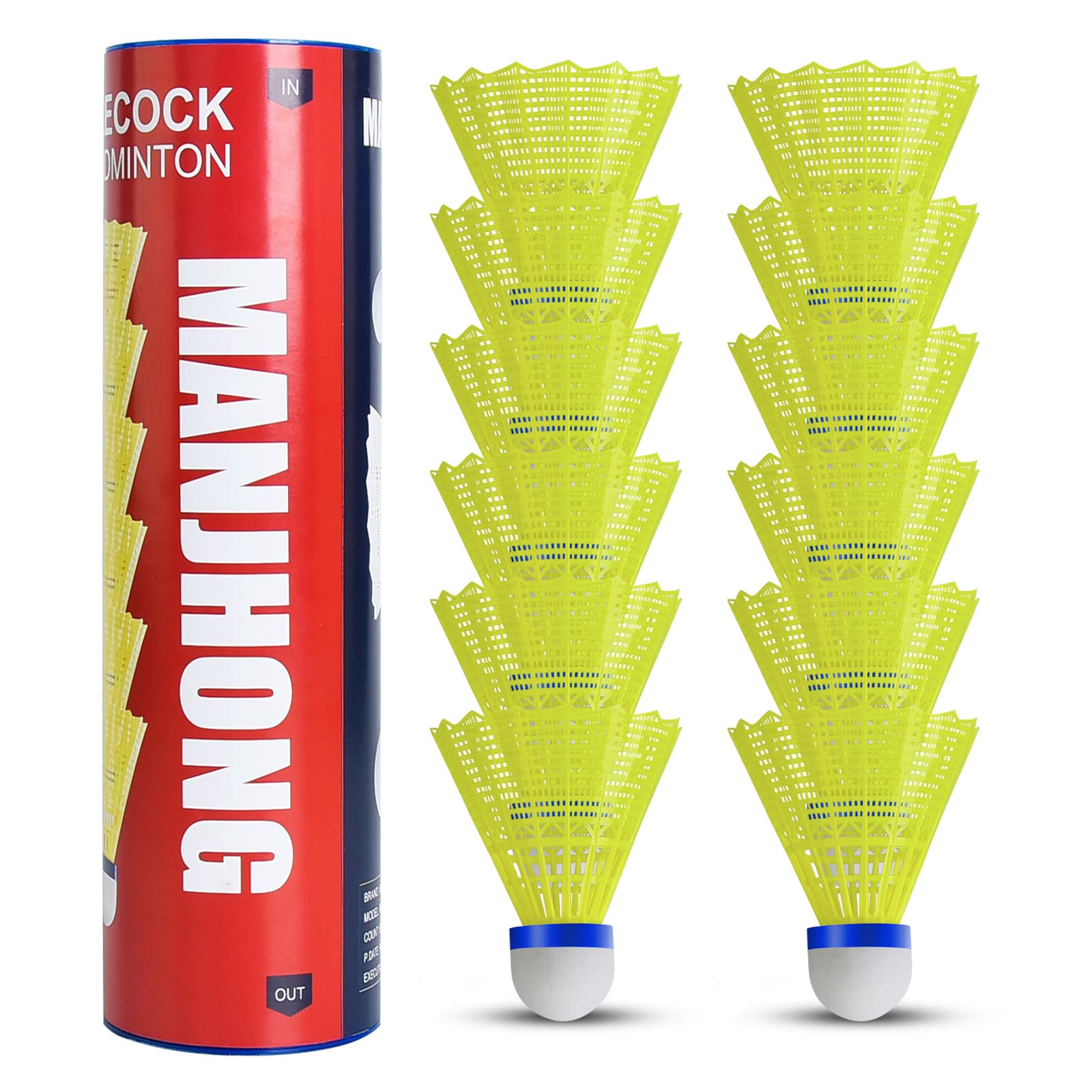 MANJHONG Federbälle Nylon Badminton Bälle für Anfänger, Freizeit, Training, Indoor und Outdoor Spiele, 12x Gelb