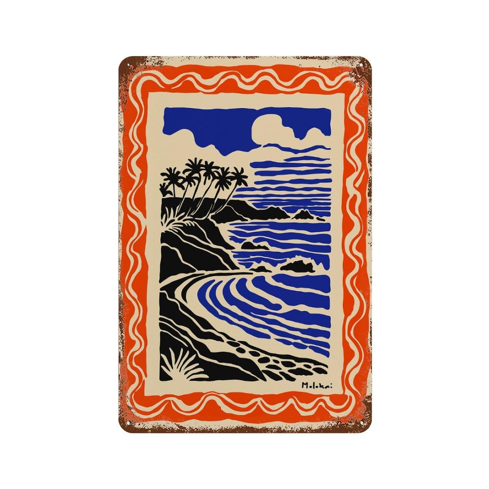 Molokai Tropical Beach Scene Rustic Tin Plaque 11.8"x7.9", Rustic Home Decor for Office, Studio And Wall Decor