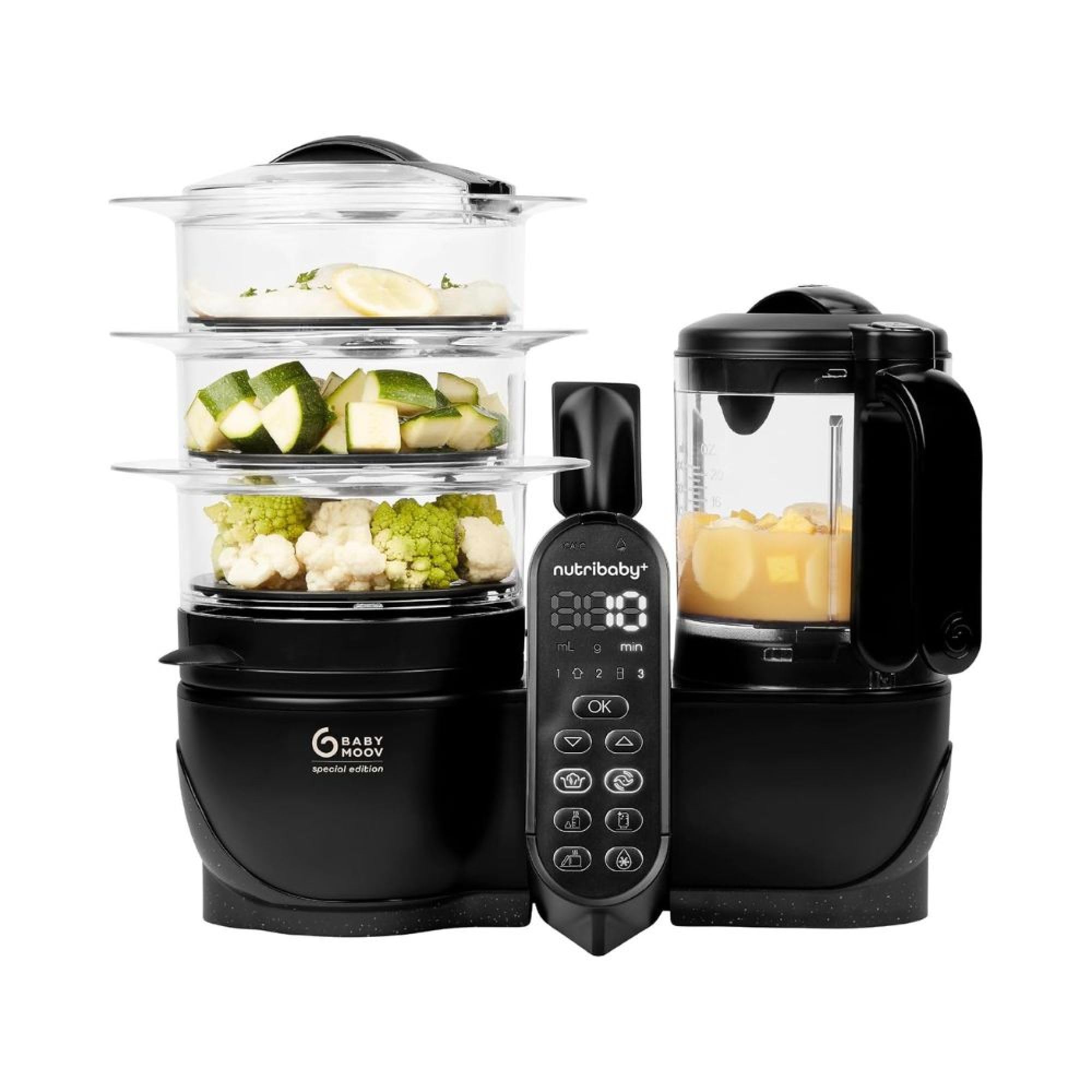 Babymoov Nutribaby (+) XL Robot Cooker, duża pojemność 2,9 l, do 14 posiłków w 1 cyklu, 6 funkcji w 1-2 koszach na parze - dywersyfikacja żywności - mikser dla niemowląt, czarny