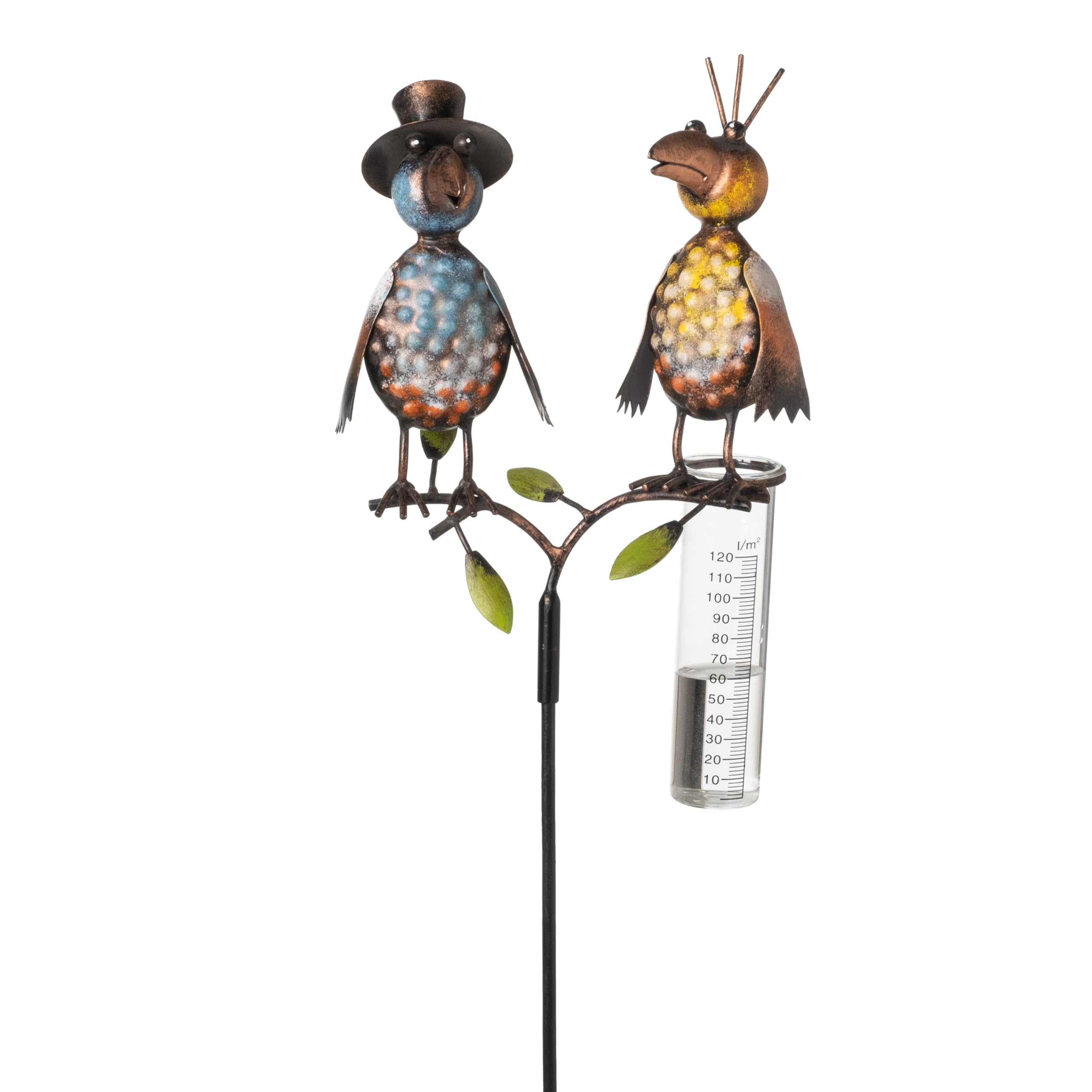Regenmesser mit Glas Rabe aus Metall, 120 cm, Rabenpaar Vogel Gartenstecker, bunt lackiert