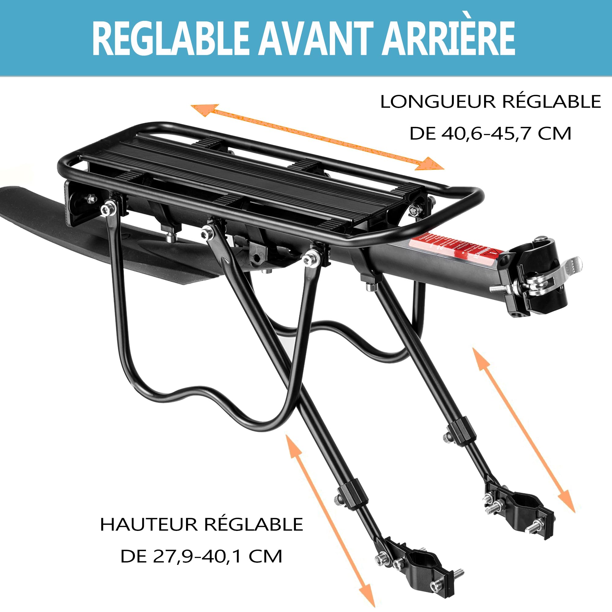 Porte Bagage vélo arrière, Porte Bagage VTT réglable avec Grand réflecteur et Garde-Boue, Libération Rapide, Alliage d’Aluminium, Charge 50 kg pour Cyclisme et randonnées