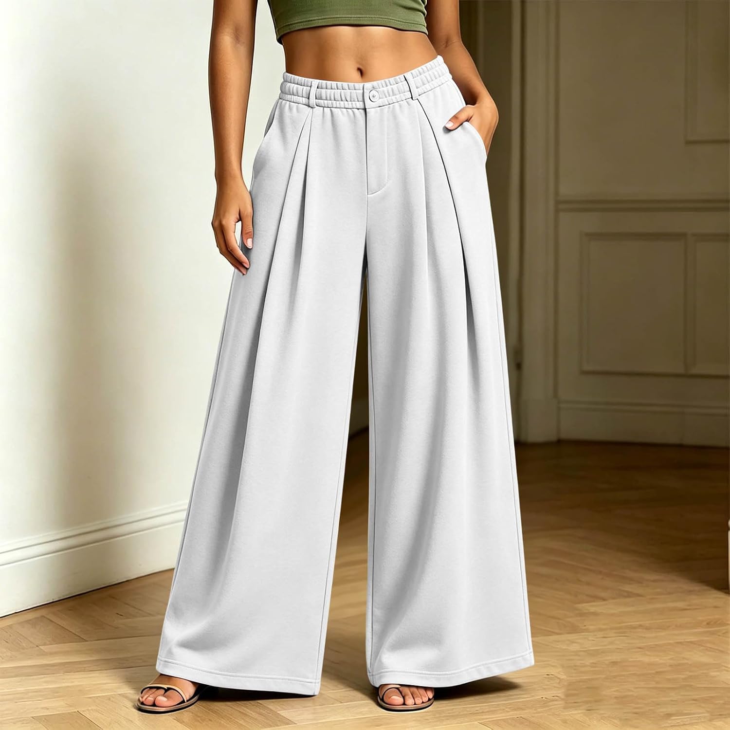 Wide Leg Sweatpants Women Casual Lounge Pants High Waist Baggy Joggers Pleated Loose Fit Trousers with Pockets