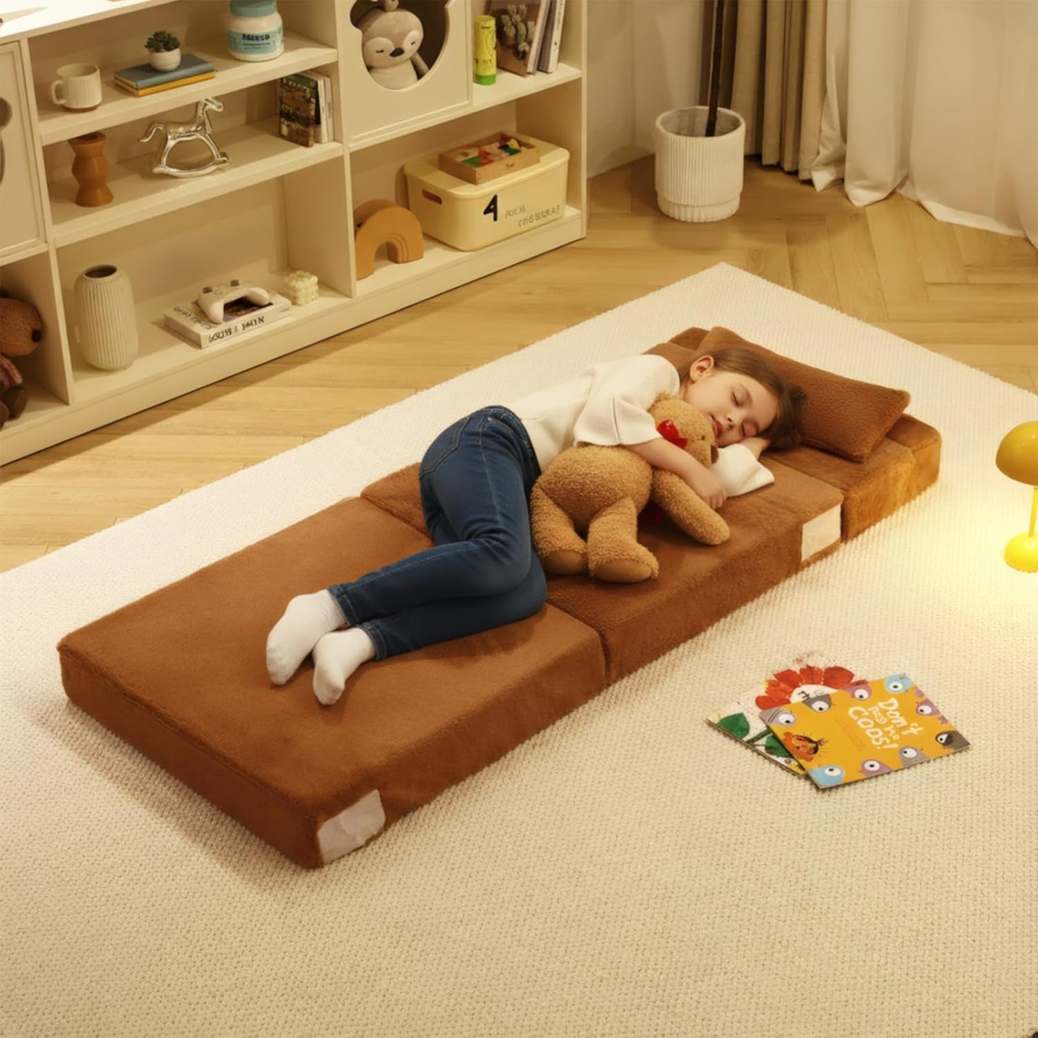 Tiita Convertible Folding Kids Sofa Bed with Pillow & Storage Bag, Plush Fabric Floor Mattress Couch Bed, Washable Cover, Kids Room, Playroom, Dorm, Apartment, Brown