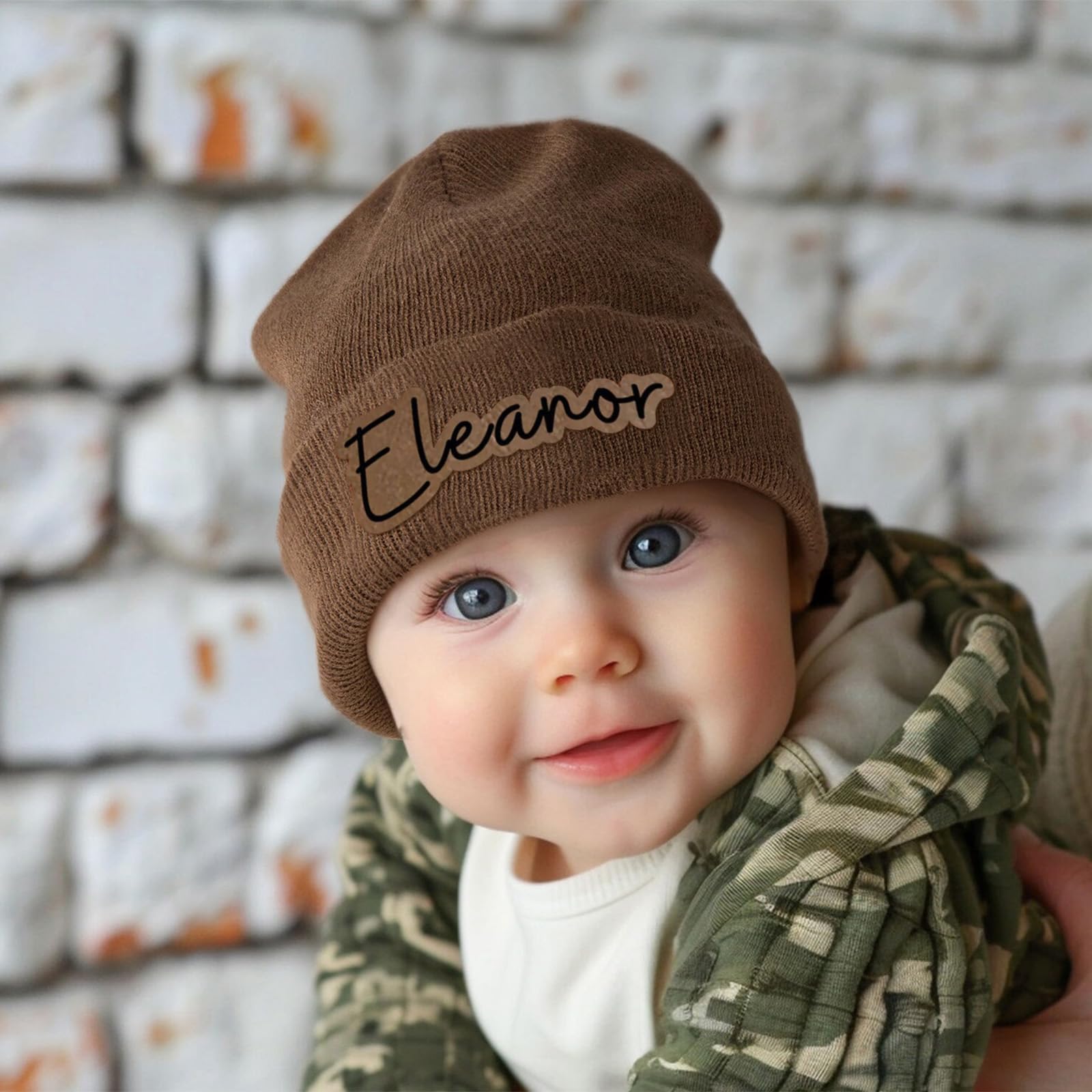 Lewari Custom Baby Beanie Hats for Girls Boys, Personalized Name Leather Patch Beanies for Kids Toddlers Adults, Infants Grey Knit Hat