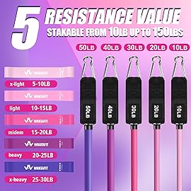 WHATAFIT Resistance Bands, Exercise BandsResistance Bands for Working Out, Work Out Bands with Handles for Men and Women Fitness, Strength Training Home Gym Equipment Pink Purple 16PCS