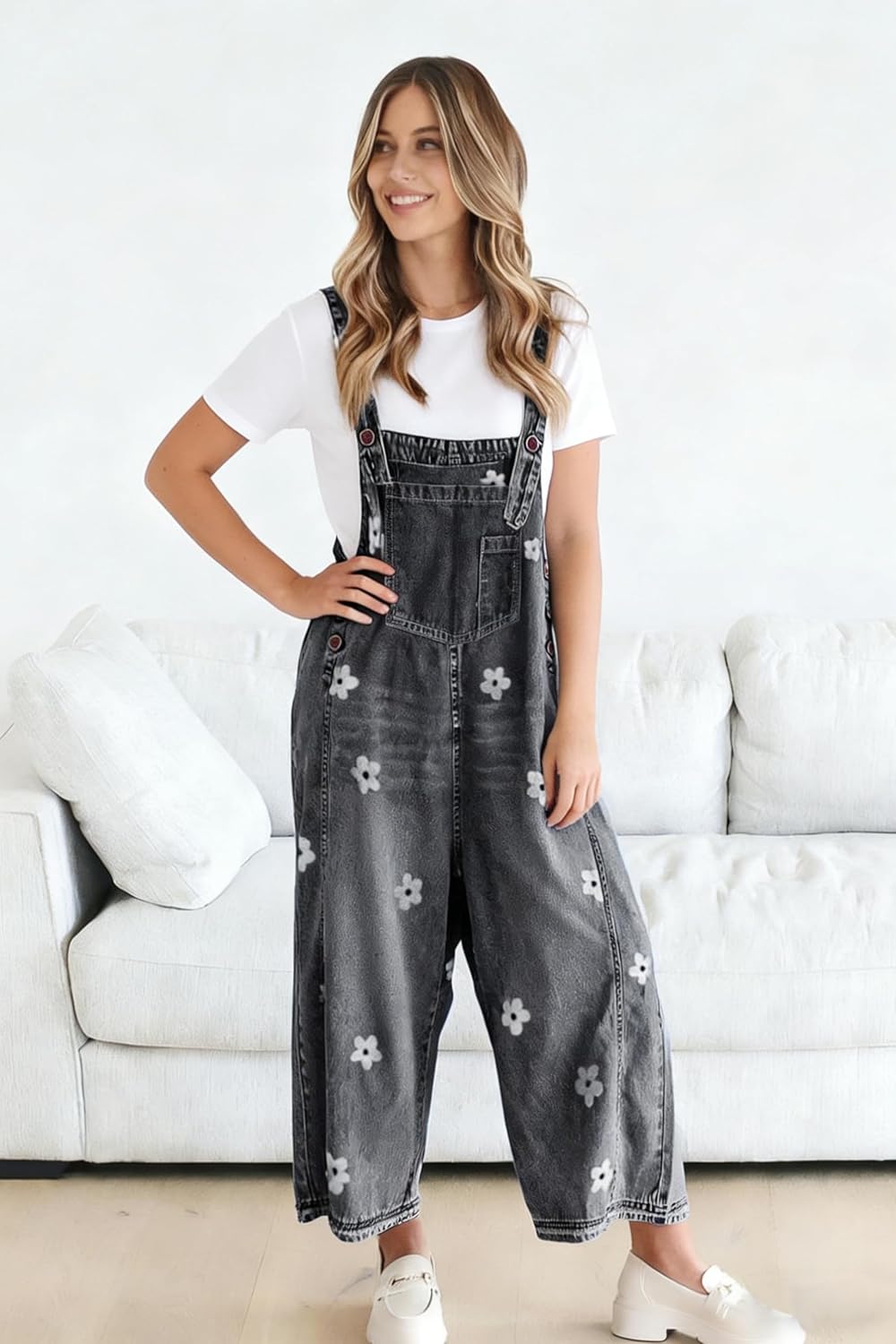 utcoco Women Floral Printed Adjustable Strap Denim Bib Overall Wide Leg Jeans Casual Baggy Overalls Jumpsuit - Image 3
