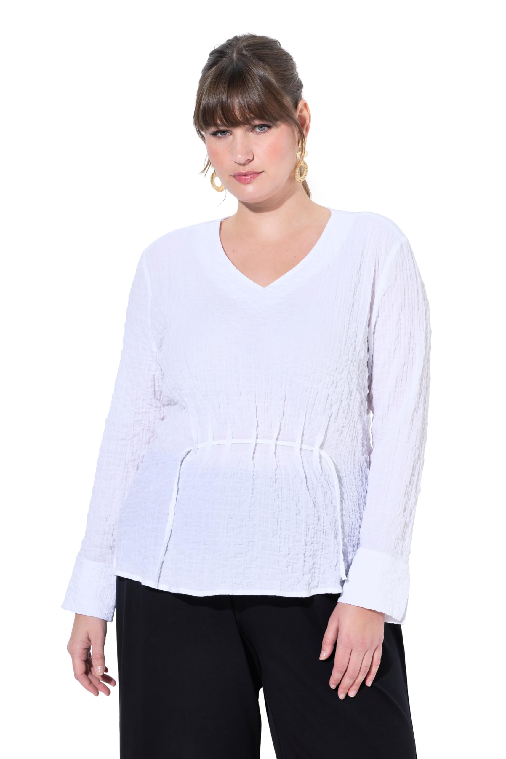 Ulla Popken Damen große Größen Übergrößen Plus Size Tunika-Bluse, Raffung, V-Ausschnitt, Langarm, Biobaumwolle 831795