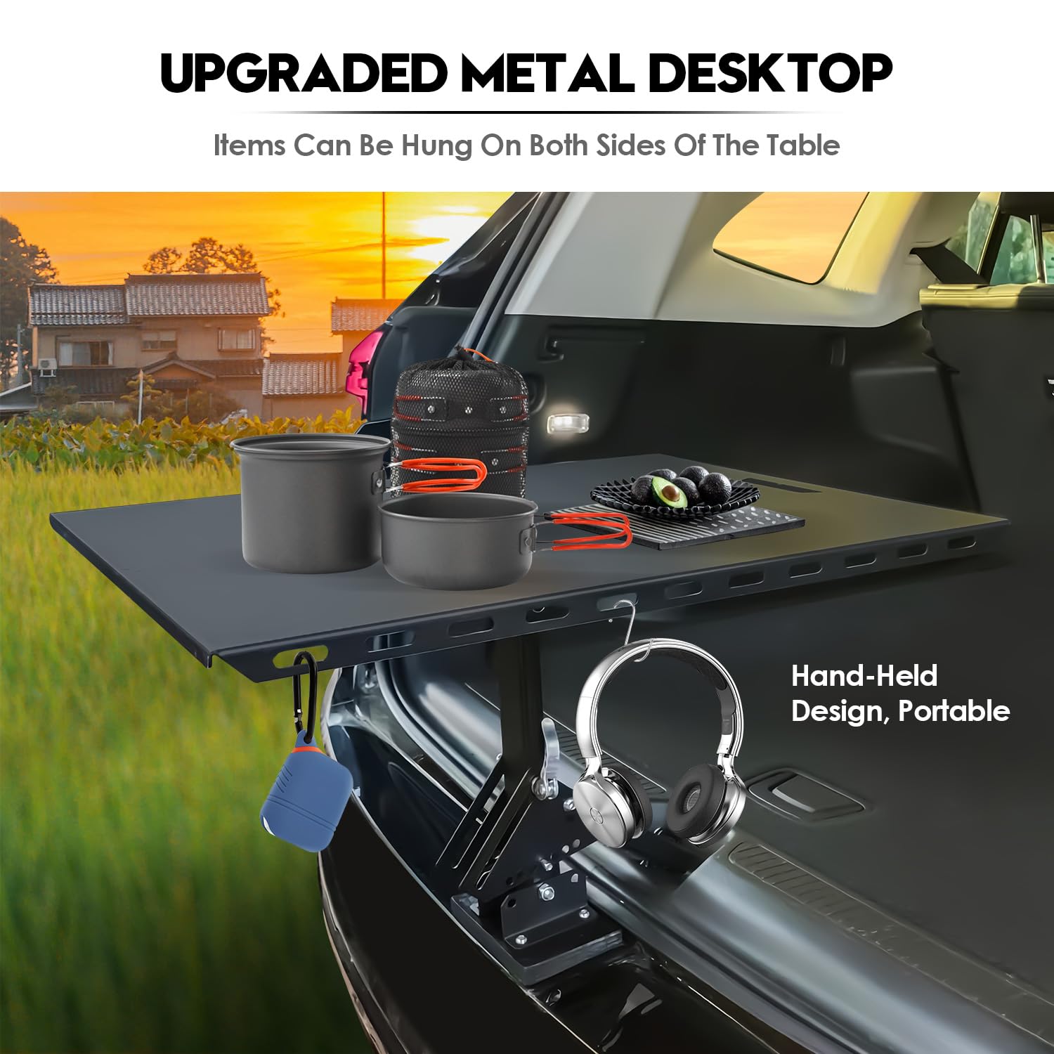 Car Camping Table, Tailgate Table for Vans and SUV, Cars Trunk Tables, Camping Essentials, Adjustable Metal Camping Table, Outdoor Table for Camping, Portable, Carbon Fibre