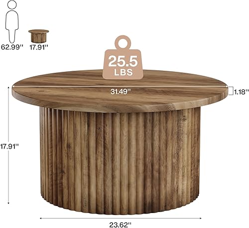 Miniatura 2 de Tribesigns Mesa de centro redonda de 31.5 pulgadas, mesa central circular de granja con base de tambor acanalada y parte superior de chapa de grano