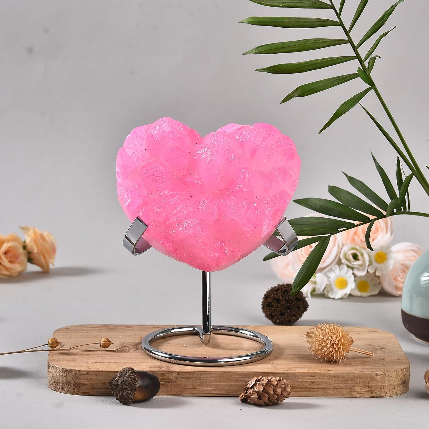 JIC Gem Large Pink Titanium Coated Heart Crystal Cluster Geode Healing Crystals Heart Shaped Rocks with Crystal Display Stand Home Decor Reiki Meditation 3.54-3.93 inch