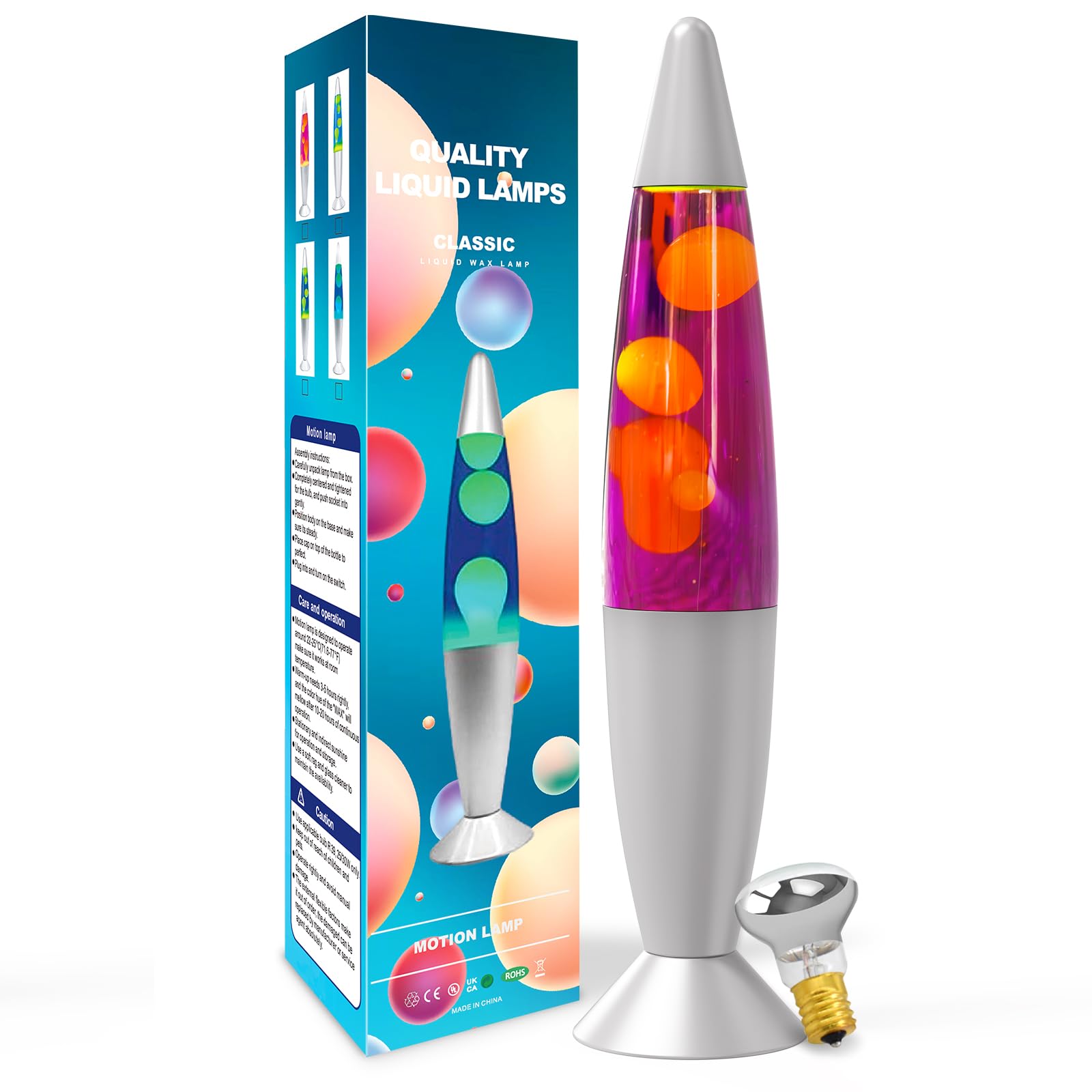 AONESY Liquid Motion Lamps for Adults Kids, 13.5'' Purple Liquid & Yellow Wax Lamp, Mood Lamp for Stress Relief & Focus, Retro Astro Lamp for Home Decoration Soothing Motion Light Gift-Sliver Bottle