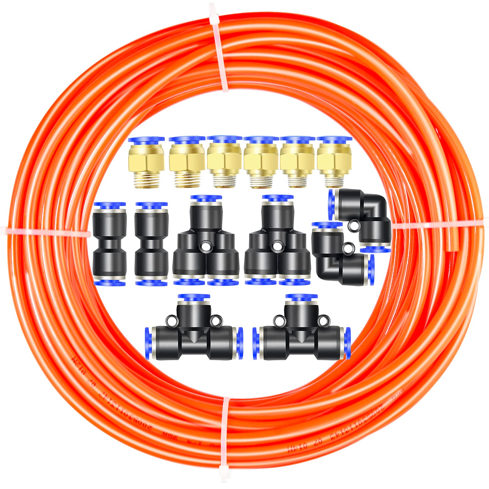 Ergaoboy Orange Polyurethane Pu Air Hose Pipe Tube Kit, 6Mm Od X 4Mm Id With 14 Connector Kits (, 10M)