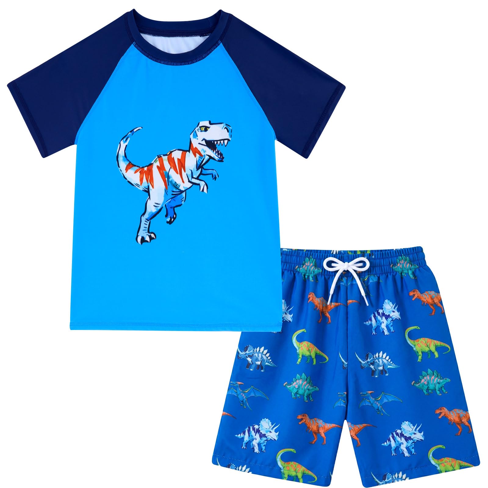 Boys Short Sleeve Rash Guard Swimsuit Set with Swim Trunks for 4-12 Years