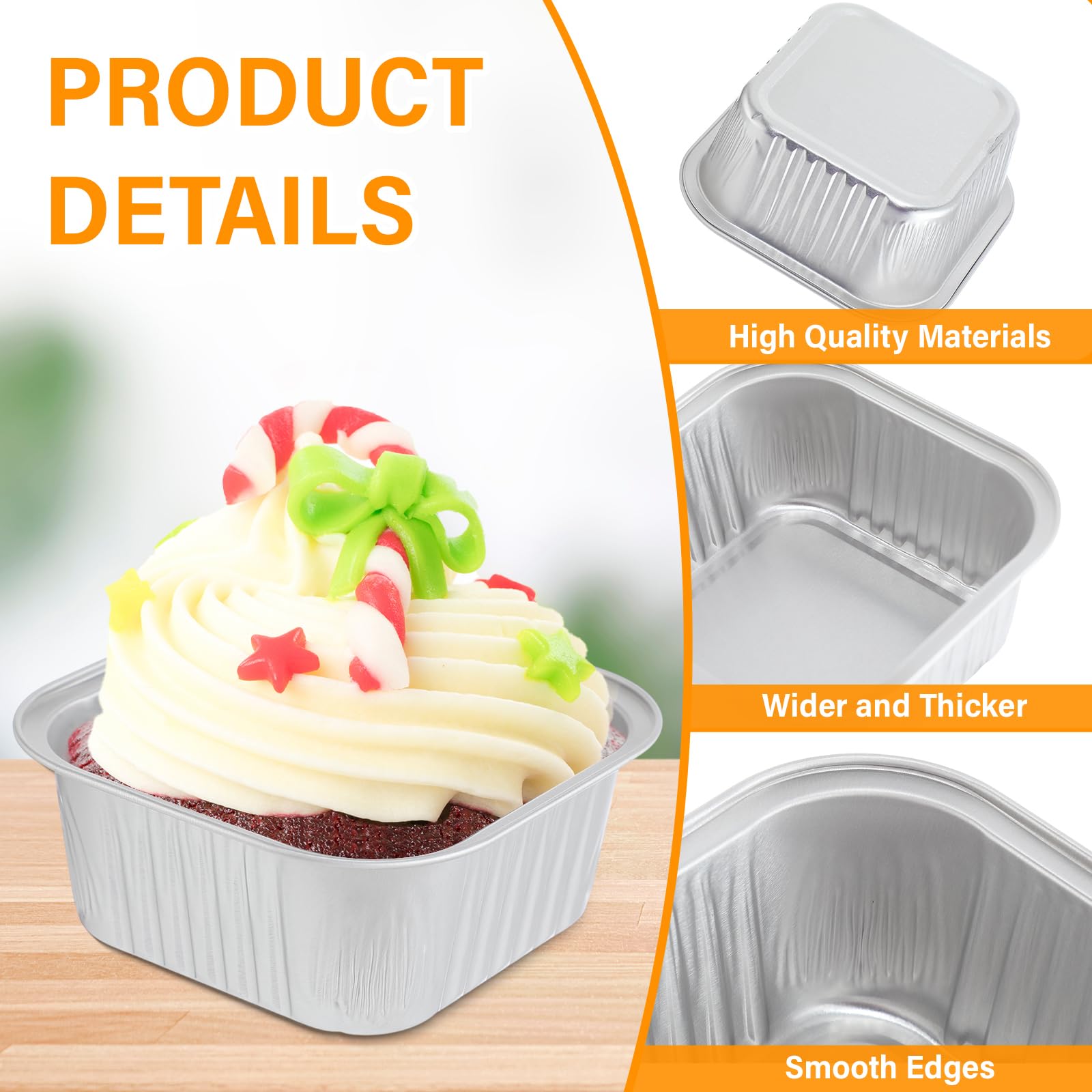 Skylety 100 mini moldes cuadrados para hornear de 5 onzas con tapa, de papel de aluminio, para cupcakes, brownies, desechables, recipientes individuales de postre para cocina, material de grado