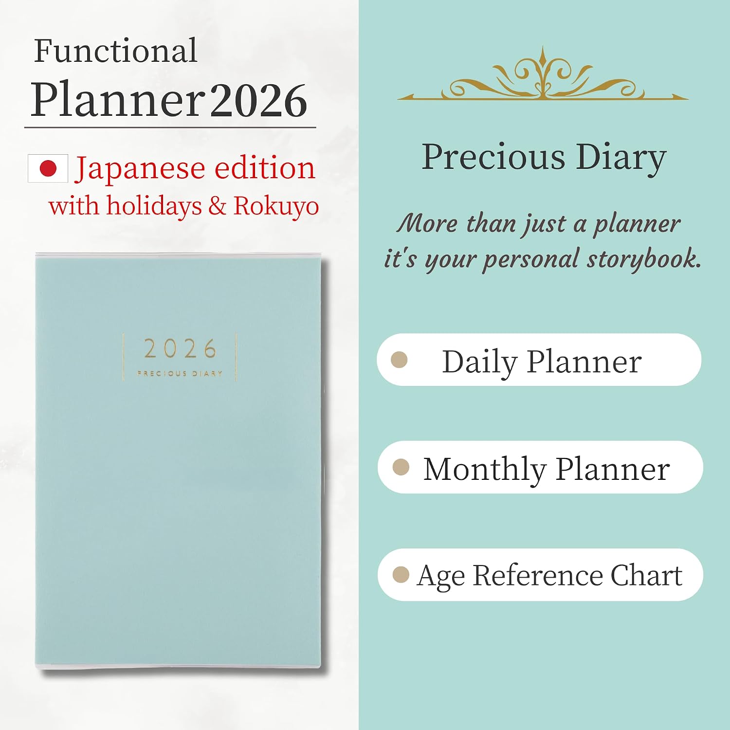 Precious Diary（No.10）2026 Japanese Planner (B6 5.0'' x 7.2'') Daily Planner with 1 Page Per Day with Hourly Markers – Flexible Layout + Monthly Block Calendar