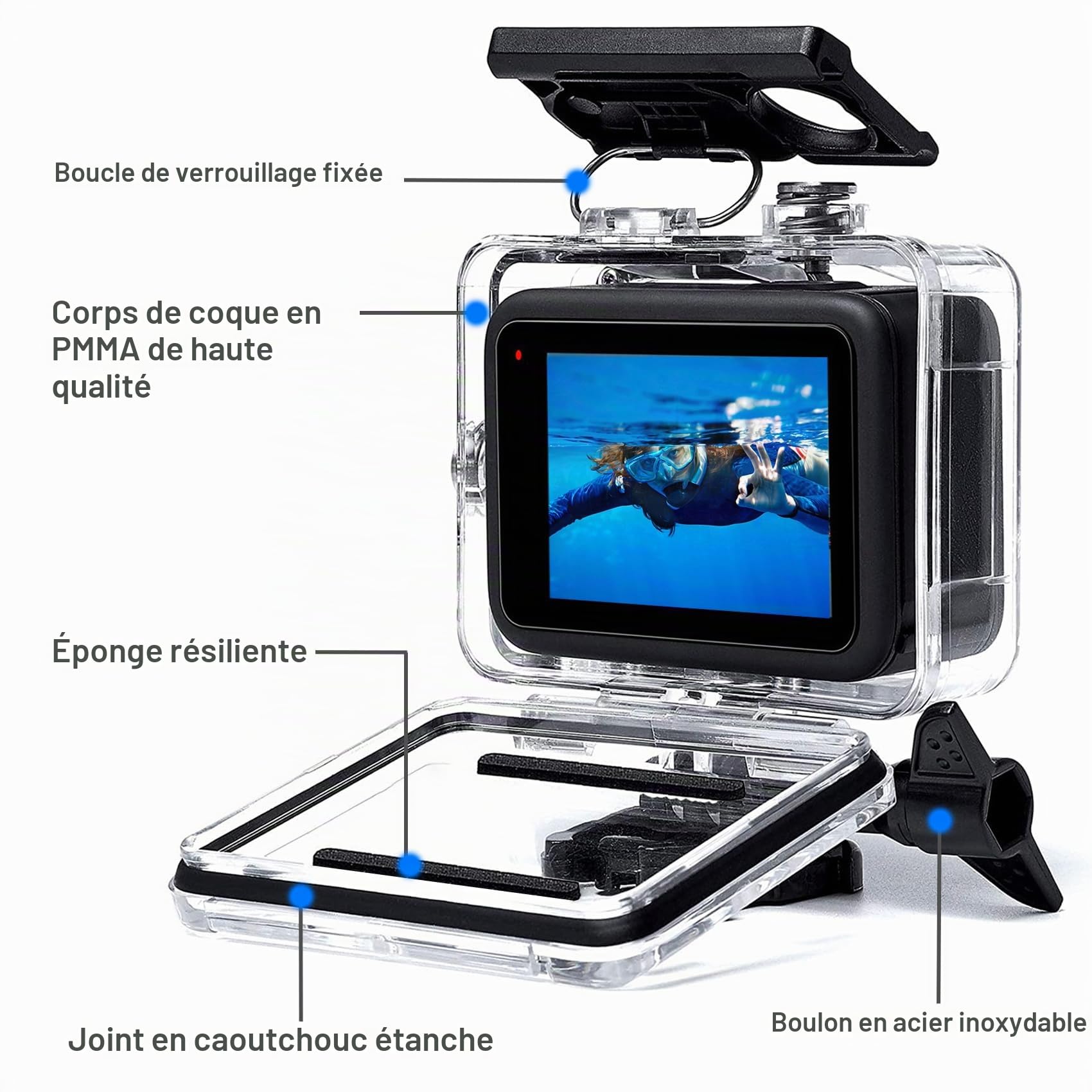 OKFUN Boîtier étanche avec 3 filtres pour Go Pro Hero 13-10 noir, coque de protection sous-marine monopode flottant poignée bâton d'action camera accessoires