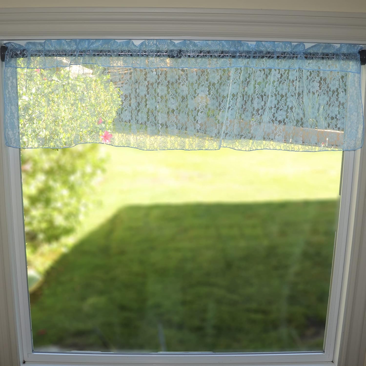 Zen Creative Designs Floral Lace Sheer Valance Window Treatment Small Curtain Home Decor Kids Bedroom Nursery Kitchen Window (58" Wide x 32" Long, Baby Blue)