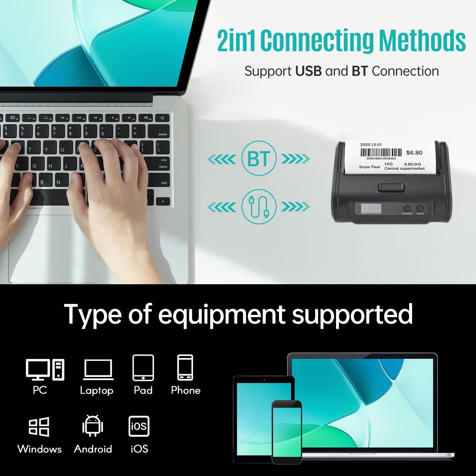 Walfront Impresora Térmica Portátil sin Tinta 4 Pulgadas 110mm, Inalámbrica con Conexión USB y Bluetooth, para Pequeñas Empresas, Cocina y Restaurante