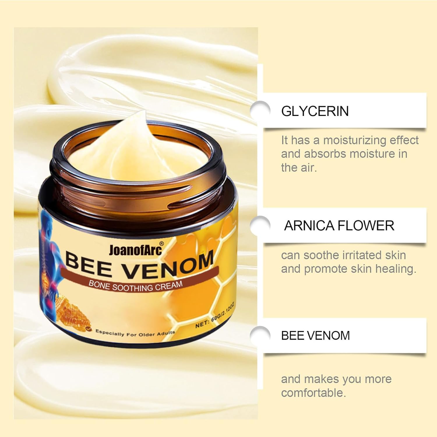 Bee Venom Joint Cream, Natural Bee Venom Skin Cream, Bee Venom Advanced Joint & Bone Cream, Suitable for Everyday Back, Waist, Neck, Hands, Knees, Light Non-Sticky for Men Women Aldult - 2.11 Oz/60g - Image 5