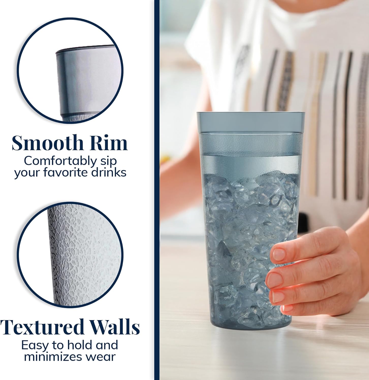 US Acrylic Cafe Plastic Reusable Tumblers (Set of 16) 20-ounce Water Cups in Grey | Value Set of Restaurant Style Drinking Glasses, Stackable, BPA-free, Made in the USA | Top-rack Dishwasher Safe - Image 4