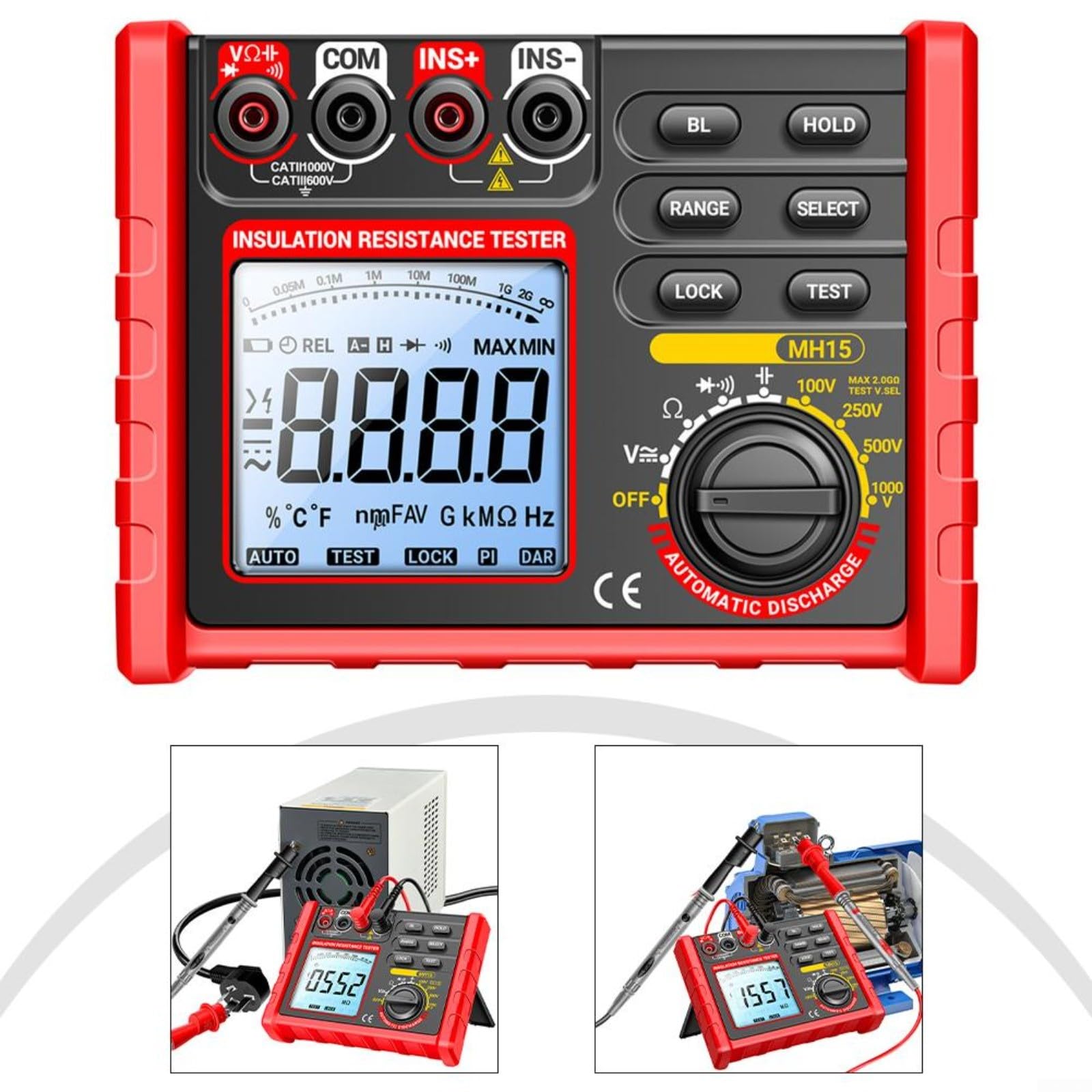 MH15 Digitaler Megohmmeter Isolation swiderstandsmesser LCD Tester 100 250 500 1000V 168 x 132 mm für Wartung Reparatur Prüfung usw