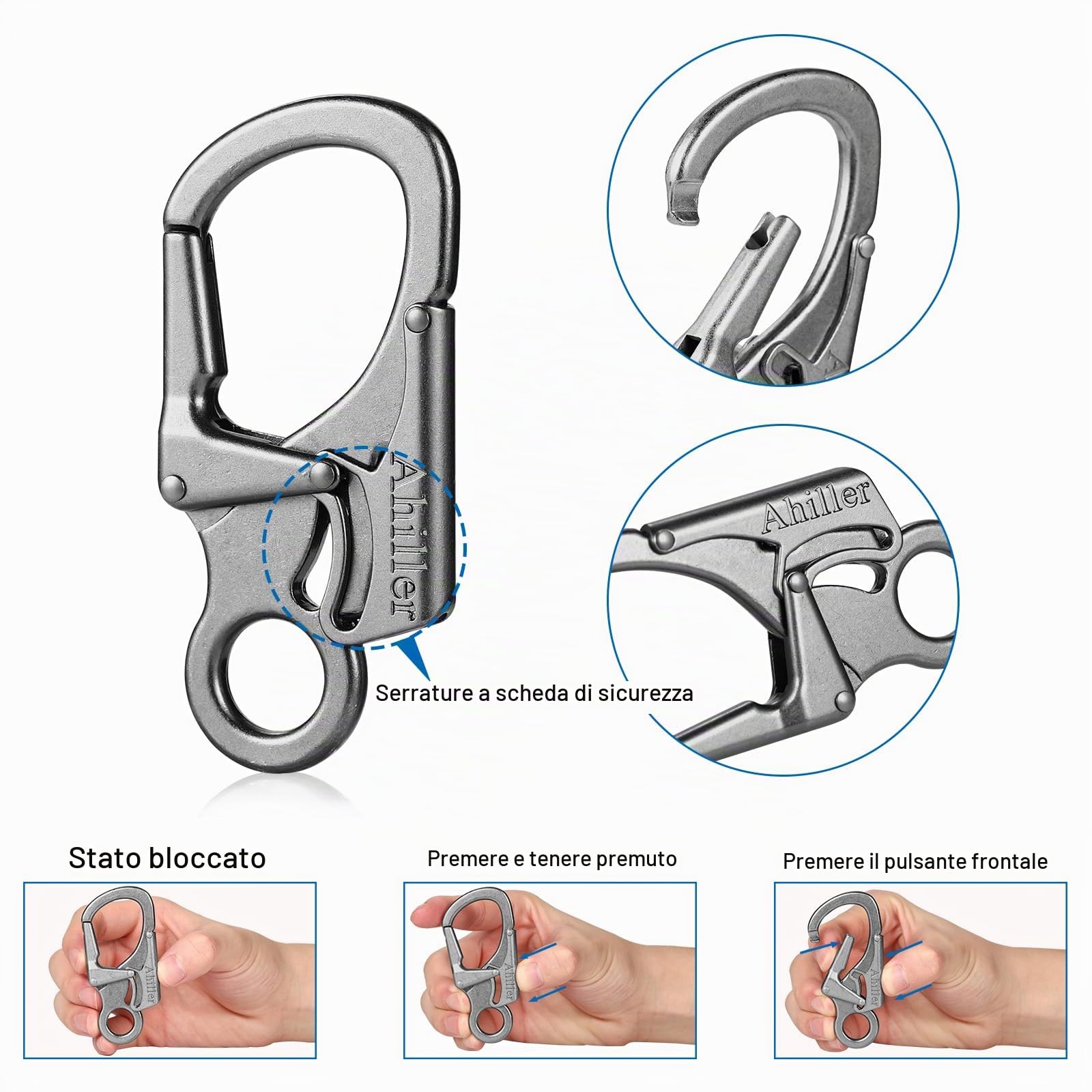 Ahiller Moschettone di Sicurezza da 7,9 cm, Portachiavi in Lega Pesante per Escursioni All'aperto, Campeggio, Laccio da Passeggio per Cani, Allenamento Indoor