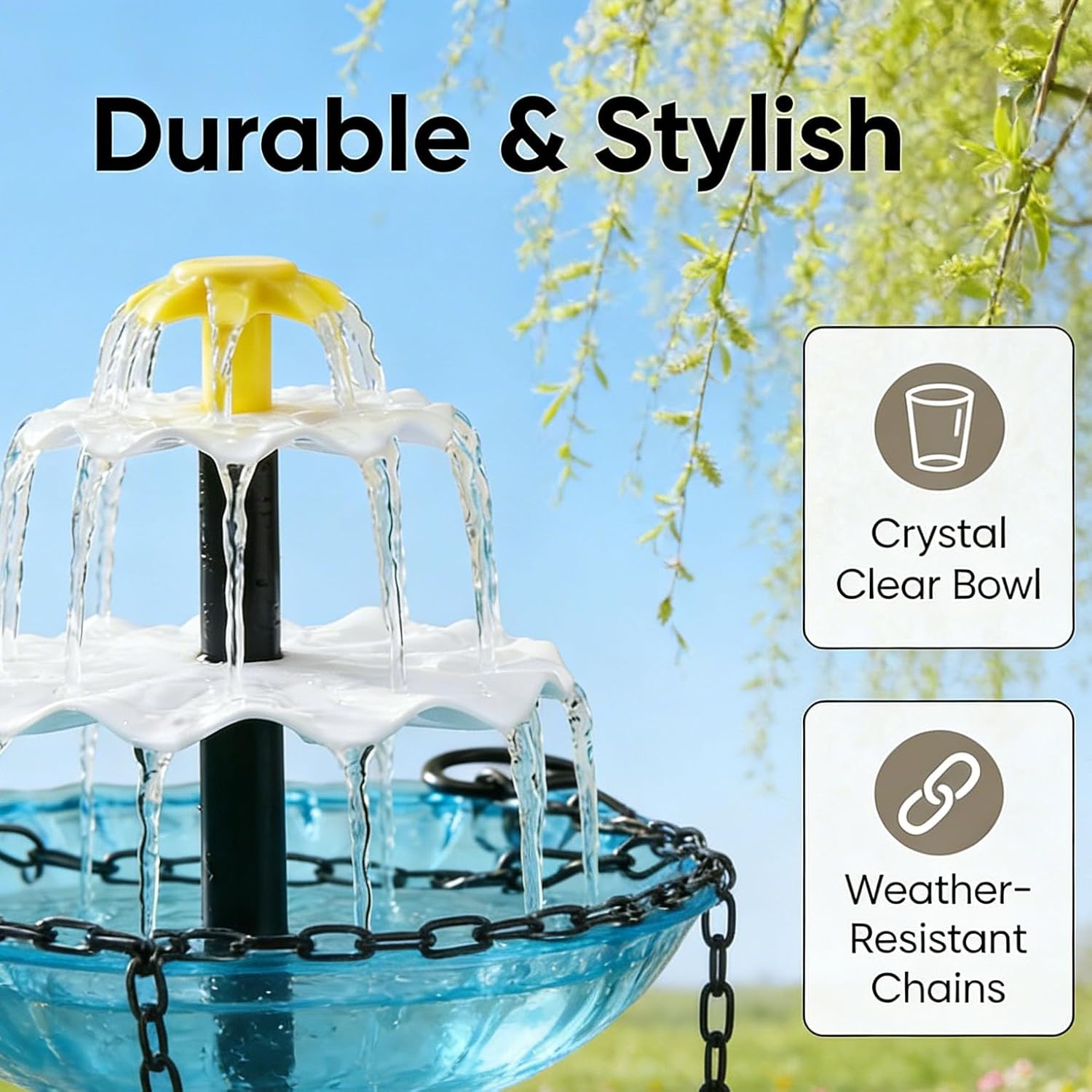 Solar Cascading Hanging Bird Bath Fountain,Large Humming Birds Baths Fountains,Dual Water Flow Outdoor Water Feature,Bird Bath Fountain Decorative Garden Yard Patio for Outdoor (Blue)